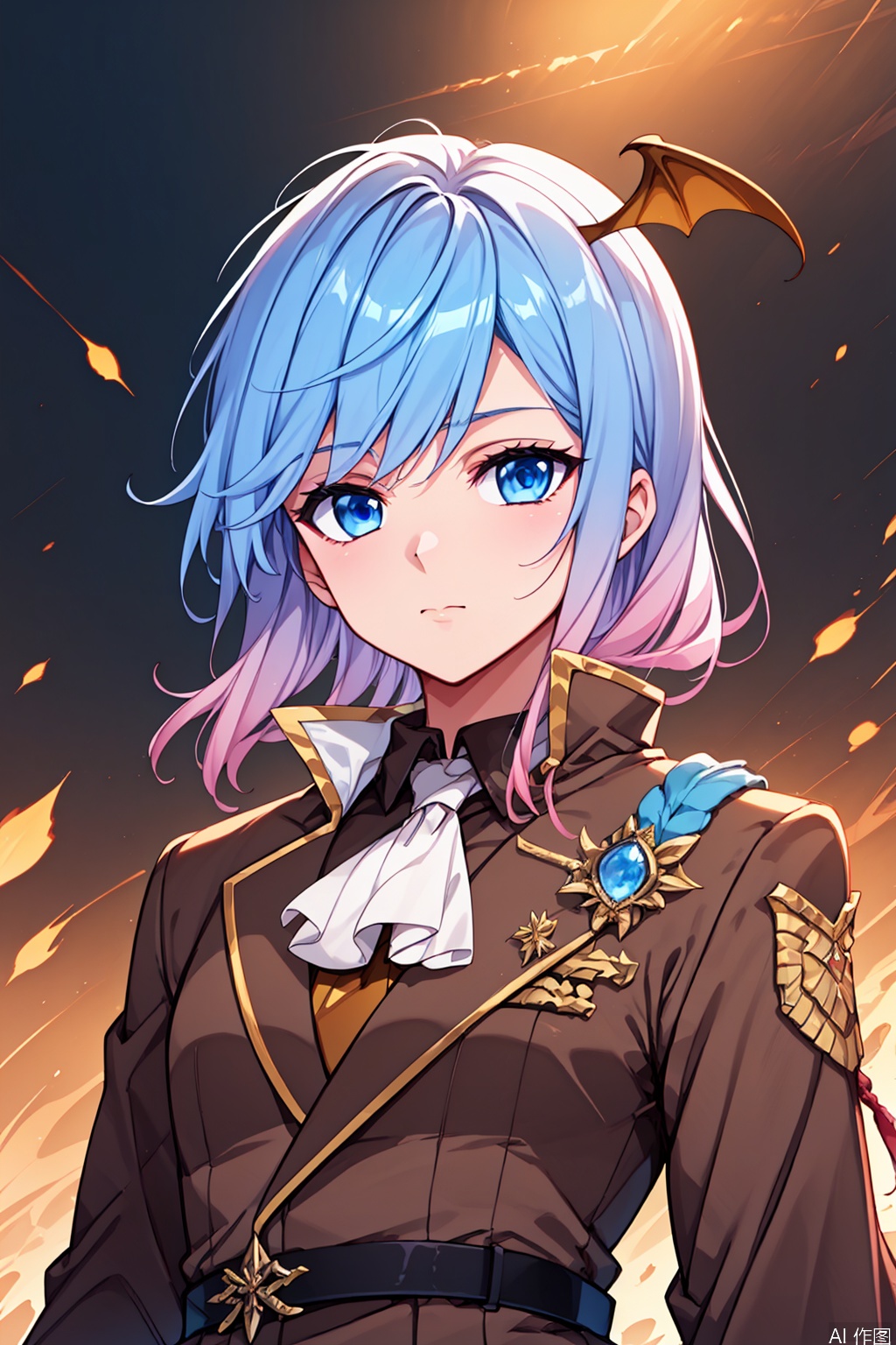 1girl,solo,blue eyes, gradient hair, blue hair, pink hair, head wings, ascot, high collar, military uniform, brown jacket, brown skirt, masterpiece,best quality,official art,extremely detailed CG unity 8k wallpaper,upper body,looking at viewer,Face me,