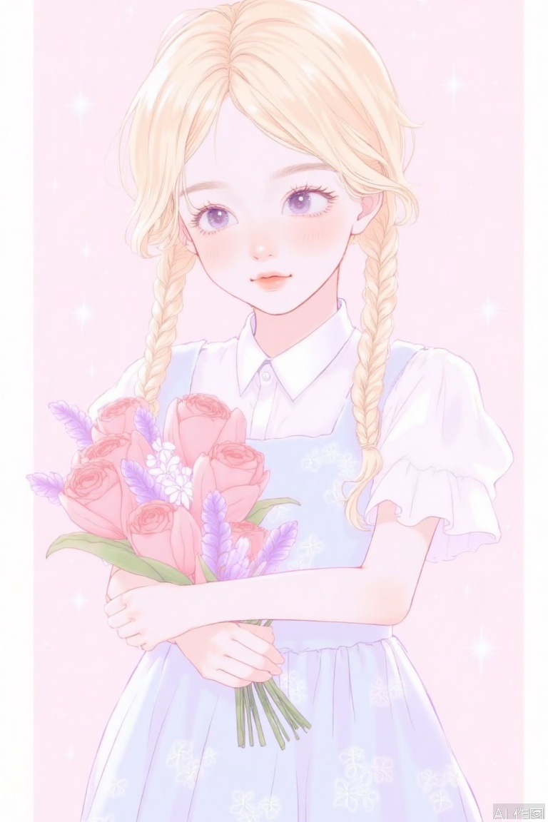 The image depicts a young girl with light blonde hair styled in two braids, holding a bouquet of flowers. The flowers include pink roses and small white blossoms, along with lavender stems. She is wearing a light blue dress with a floral pattern. The background is a soft pastel color, with small flowers and stars scattered around, giving a whimsical and dreamy atmosphere. The overall style is reminiscent of a soft, anime-inspired illustration.
