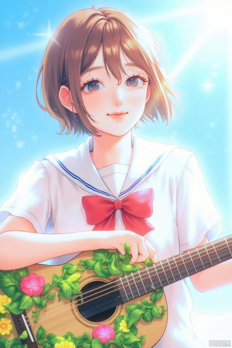  The image depicts a young girl with short brown hair, wearing a white sailor-style shirt with a red bow tied in the center. She is holding a guitar that is covered in green vines and adorned with various flowers, including pink and yellow blooms. The background is a bright blue sky with soft, white sun rays emanating from the top right corner, creating a serene and cheerful atmosphere. The girl appears to be playing the guitar, with her fingers positioned on the strings. The overall scene conveys a sense of joy and creativity, with the girl surrounded by nature and music.