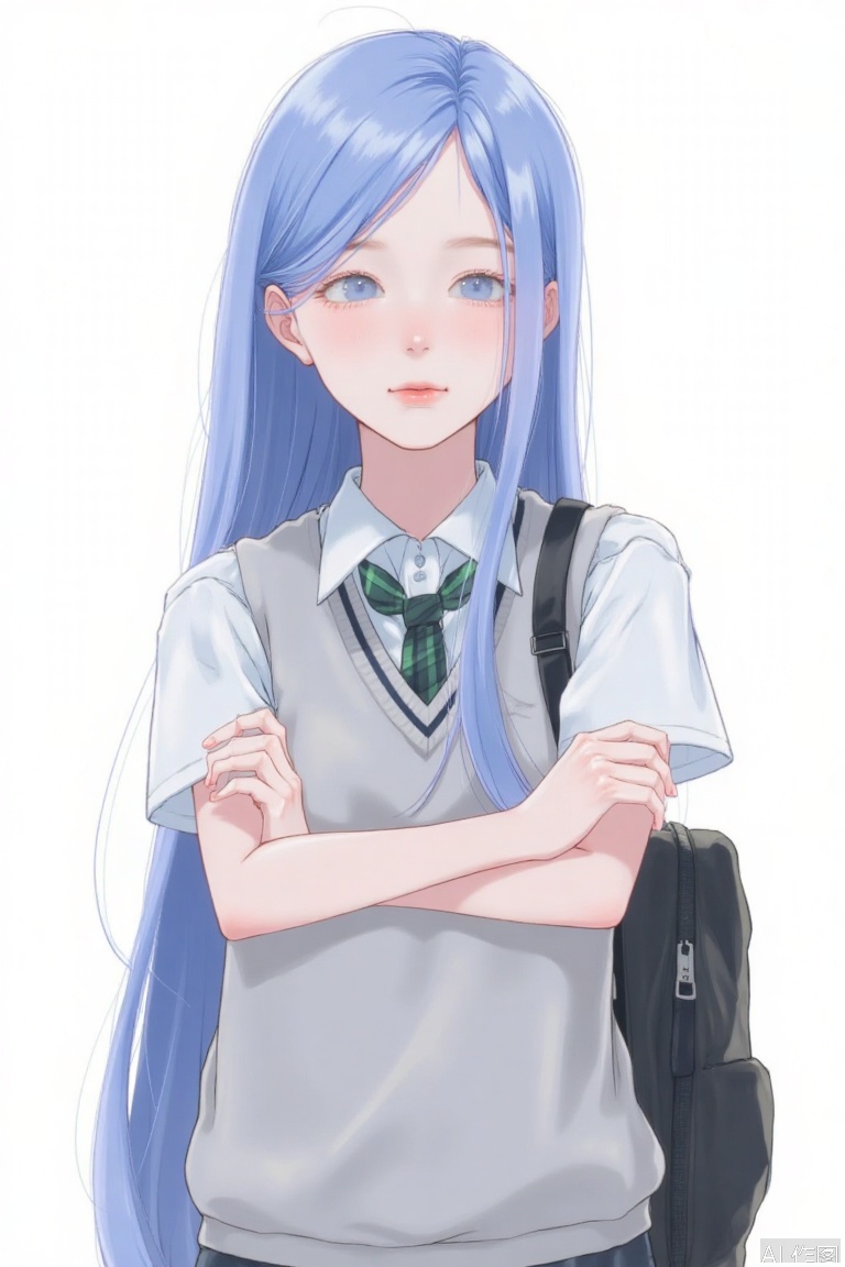 The image depicts a young person with long, flowing blue hair, wearing a school uniform consisting of a white shirt with a green and white checkered collar and a matching vest. The individual has a calm and composed expression, with arms crossed over their chest. A backpack is visible on the right side of the image, suggesting that the person might be a student. The background is plain white, drawing focus to the character and their attire.