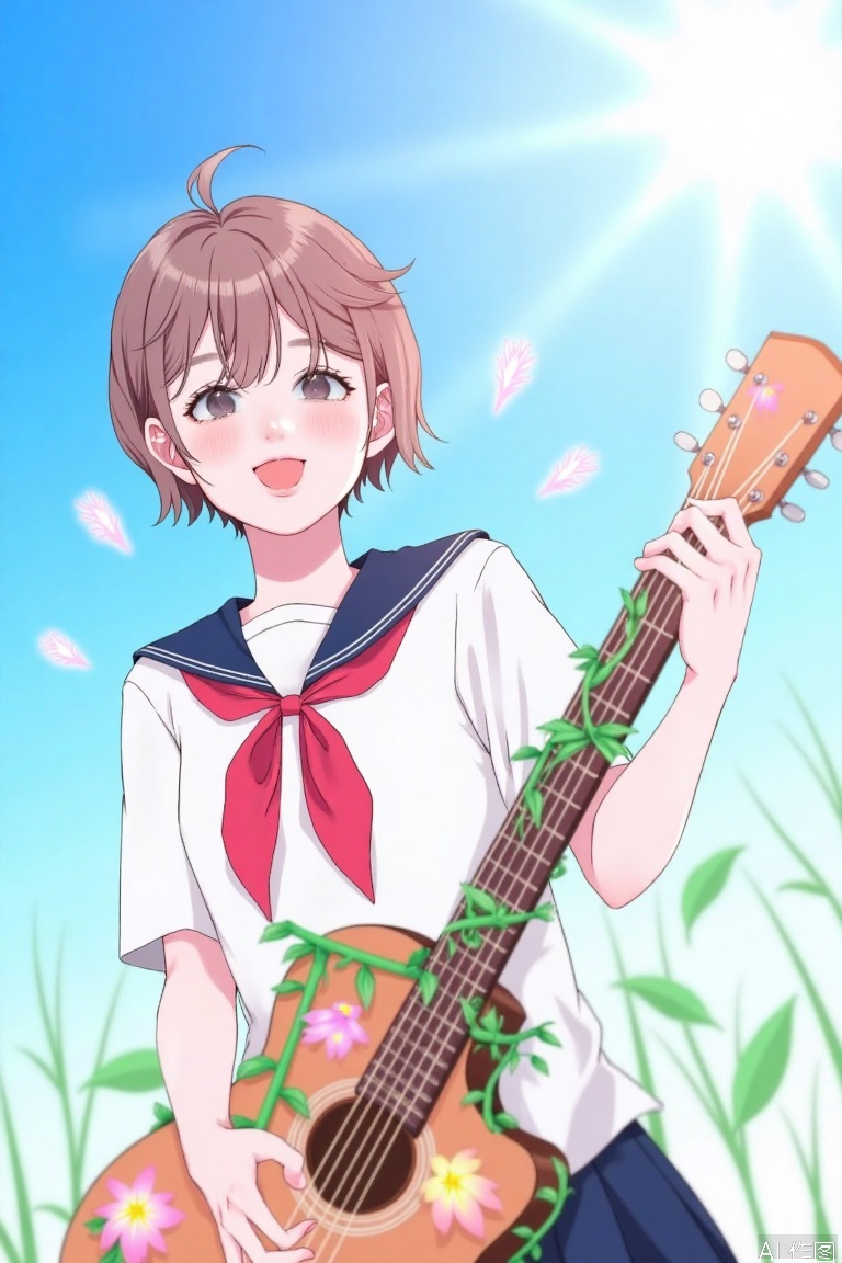  The image depicts a young girl with short brown hair, wearing a white sailor-style shirt with a red bow tied in the center. She is holding a guitar that is covered in green vines and adorned with various flowers, including pink and yellow blooms. The background is a bright blue sky with soft, white sun rays emanating from the top right corner, creating a serene and cheerful atmosphere. The girl appears to be playing the guitar, with her fingers positioned on the strings. The overall scene conveys a sense of joy and creativity, with the girl surrounded by nature and music.
