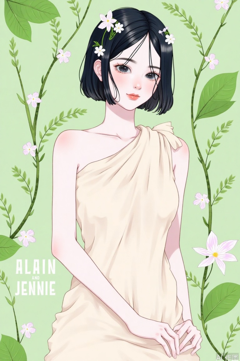 The image depicts a stylized illustration of a woman with short black hair adorned with white flowers. She is dressed in a light-colored garment that appears to be made of fabric with a fan-like design. Surrounding her are green leaves and branches, creating a natural, almost forest-like setting. The background is a soft, muted green, complementing the overall serene and nature-inspired theme. The text in the image reads "ALAIN" and "JENNIE" in the bottom left corner, suggesting the artist's names.