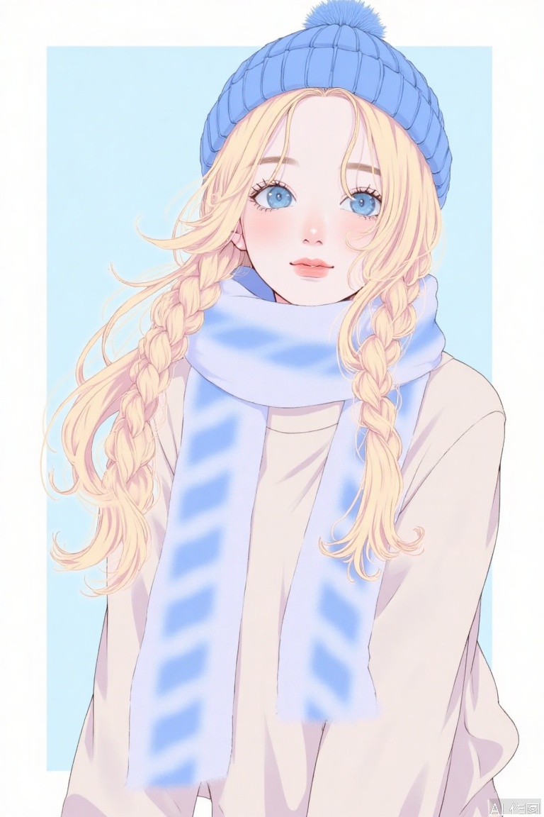 The image depicts a young person with long, wavy blonde hair wearing a blue knitted hat and a matching blue and white striped scarf. The person has large, expressive blue eyes and is dressed in a light-colored garment. The background is plain and light-colored, providing a clear contrast to the detailed and vibrant depiction of the person.