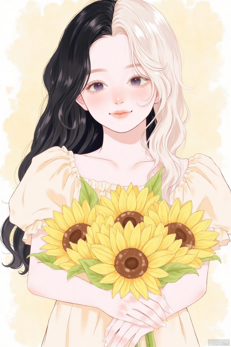 The image depicts a young woman with long, wavy hair, one side black and the other white. She is wearing a light-colored dress with ruffled details and has a gentle smile. She is holding a bouquet of sunflowers, which are bright yellow with dark centers. The background is a soft, watercolor-style wash, giving a dreamy and ethereal feel.  The overall style of the image is soft and artistic, with a focus on the woman and the sunflowers.
