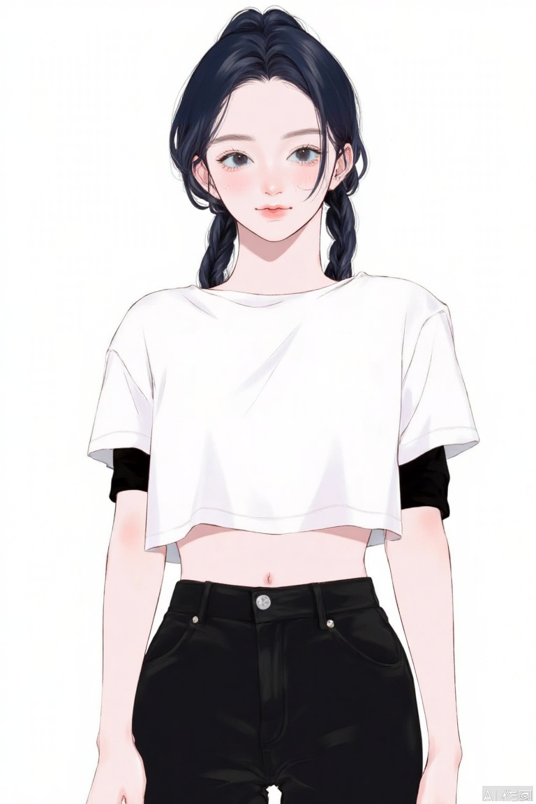 The image depicts a young woman with long black hair tied into a ponytail, wearing a white cropped t-shirt with black sleeves and a pair of high-waisted black pants. 