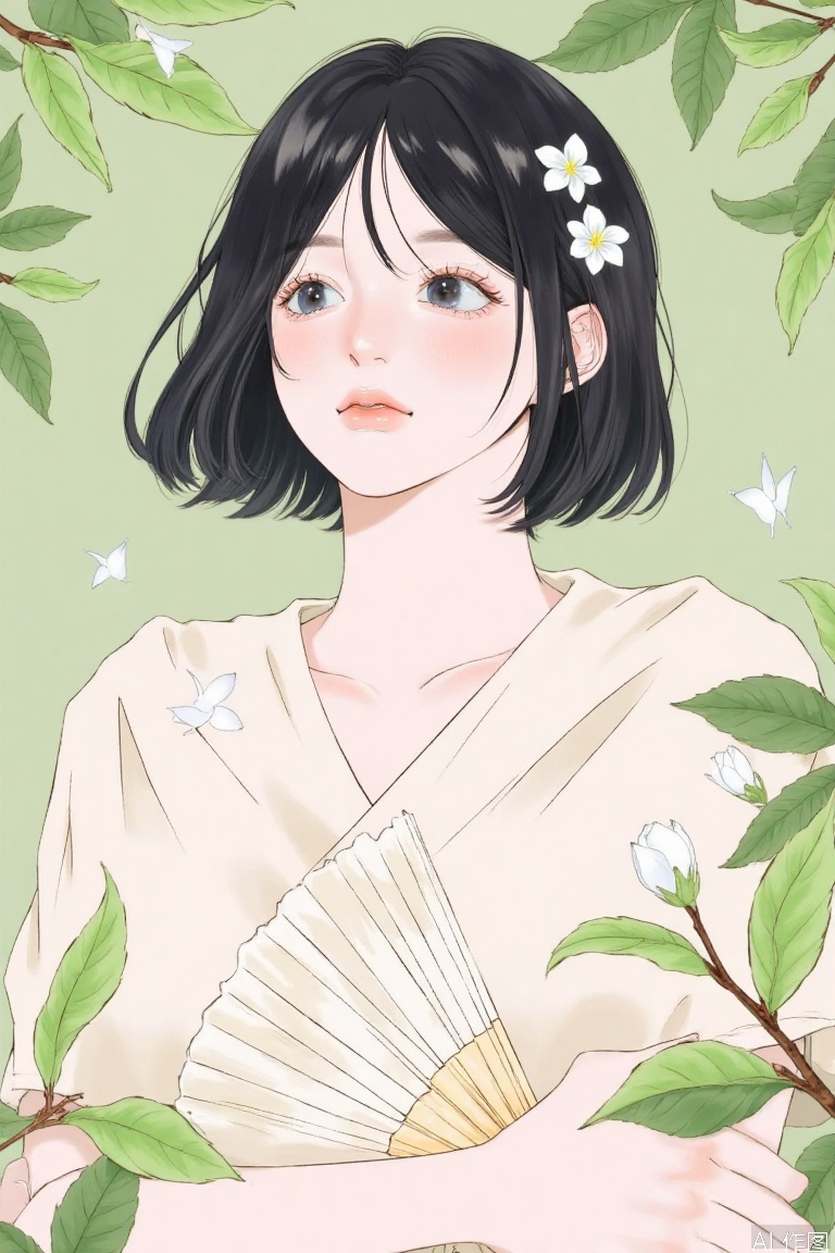 The image depicts a stylized illustration of a woman with short black hair adorned with white flowers. She is dressed in a light-colored garment that appears to be made of fabric with a fan-like design. Surrounding her are green leaves and branches, creating a natural, almost forest-like setting. The background is a soft, muted green, complementing the overall serene and nature-inspired 