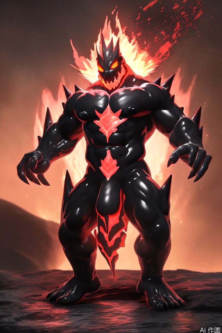 A fire monster called the Burning Beast. The beast was large and covered in blazing fire, with powerful limbs and blazing eyes. Its entire body is covered with a hardened rock shell, as if lava were flowing across the surface. The roar of the scorched beast was deafening like a volcanic eruption, and the ground trembled with every step. The fiery energy emanating from it makes the air around it seem to burn, the embodiment of a fiery fury.monster boy,artist:Takahirosi