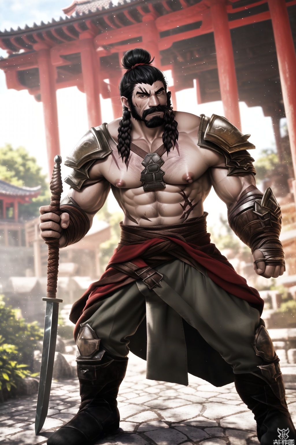 solo, long hair, looking at viewer, black hair, 1boy, holding, nipples, standing, weapon, male focus, outdoors, japanese clothes, day, pants, sword, hair bun, holding weapon, armor, blurry, muscular, blurry background, facial hair, watermark, scar, holding sword, abs, single hair bun, pectorals, muscular male, shoulder armor, beard, dual wielding, fighting stance, mustache, manly, architecture, arm guards, east asian architecture, topknot,monster boy,scar on body,sexy
