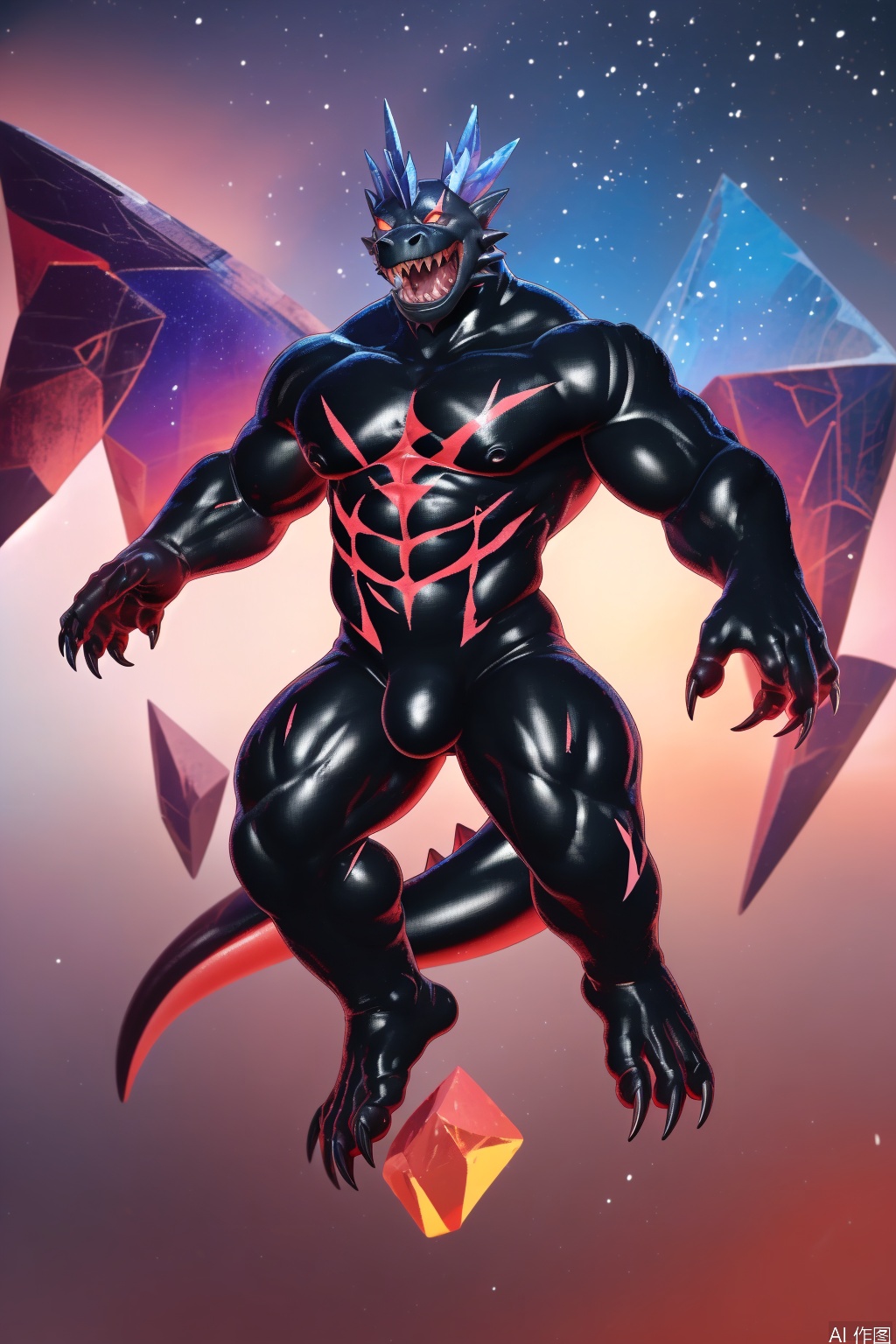 solo, 1boy,open mouth, sunset background, full body, teeth, furry, sharp teeth, black star, claws, monster, crystal,crystal dragon,wings,bodysuit,monster boy,scar on body,sexy,artist:Takahirosi