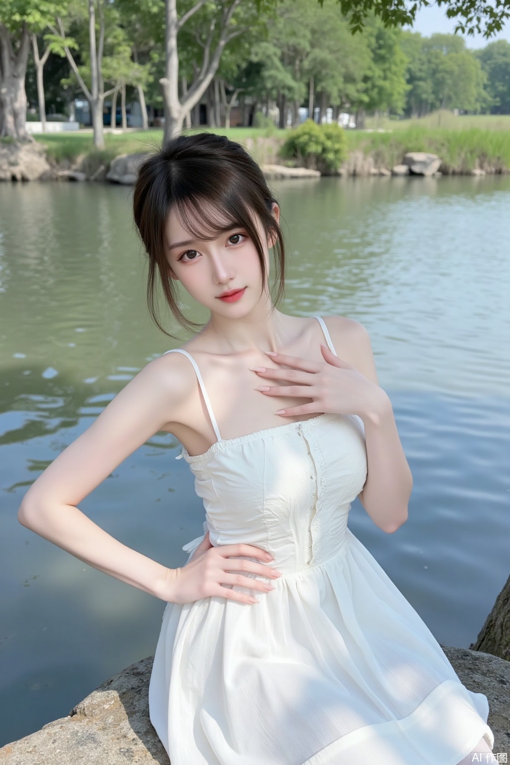 1girl, solo, short hair, brown hair, black hair, dress, bare shoulders, sitting, water, white dress, tree, arm support, sunlight, hand on own chest, leaning back