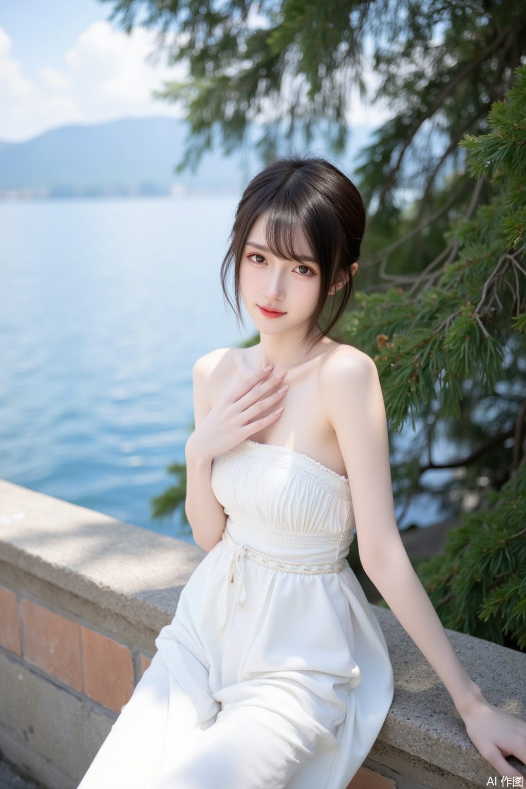 1girl, solo, short hair, brown hair, black hair, dress, bare shoulders, sitting, water, white dress, tree, arm support, sunlight, hand on own chest, leaning back