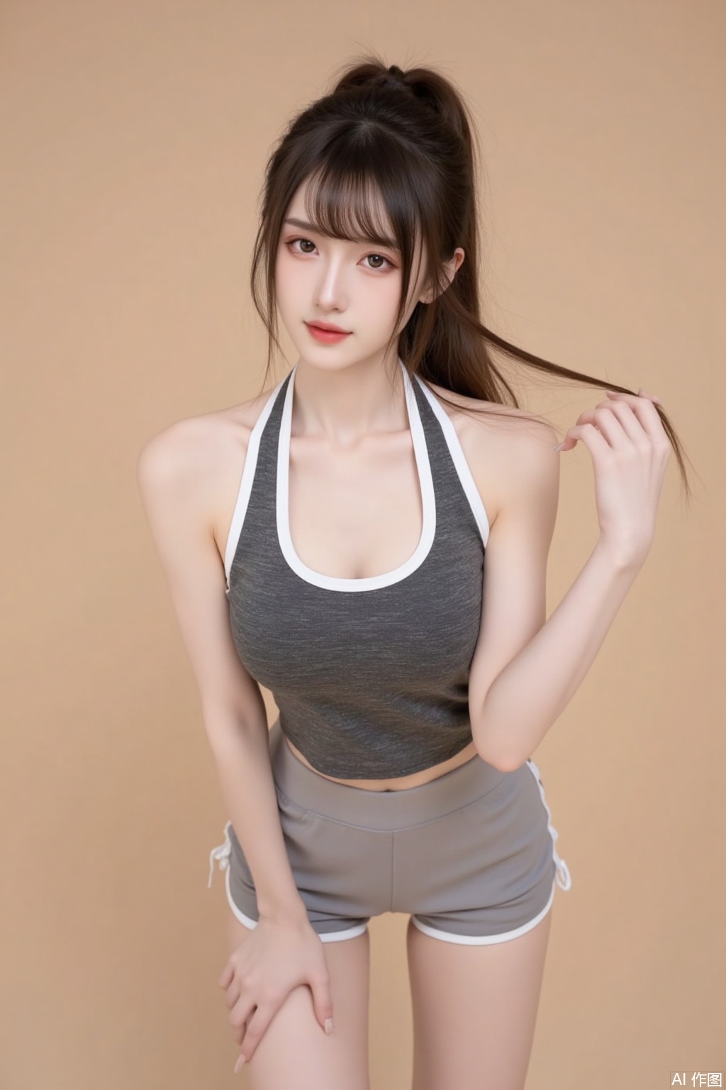 A young and beautiful woman with delicate facial features and smooth and delicate skin. She has long brown hair, some of which is tied up high, and a few strands of broken hair naturally hang down. The air bangs adorn her face. Her makeup is exquisite, with bright and lively brown eyes and rosy lips. Wearing a dark gray sports vest with white trim to add a sense of design, showcasing slender neck and shoulder lines, and a prominent career line on the chest. The shorts paired with the lower body are partially obscured by long hair, with faint light colored edges visible. She leaned slightly down, with a playful posture.
From the perspective of the scene, the background is pure beige, simple and clean, without any unnecessary decorations. This background can better highlight the protagonist and focus the audience's attention on the shape and temperament of the character.
The light is soft and uniform, avoiding excessive shadows and highlighting the facial contours and skin textures of the characters.