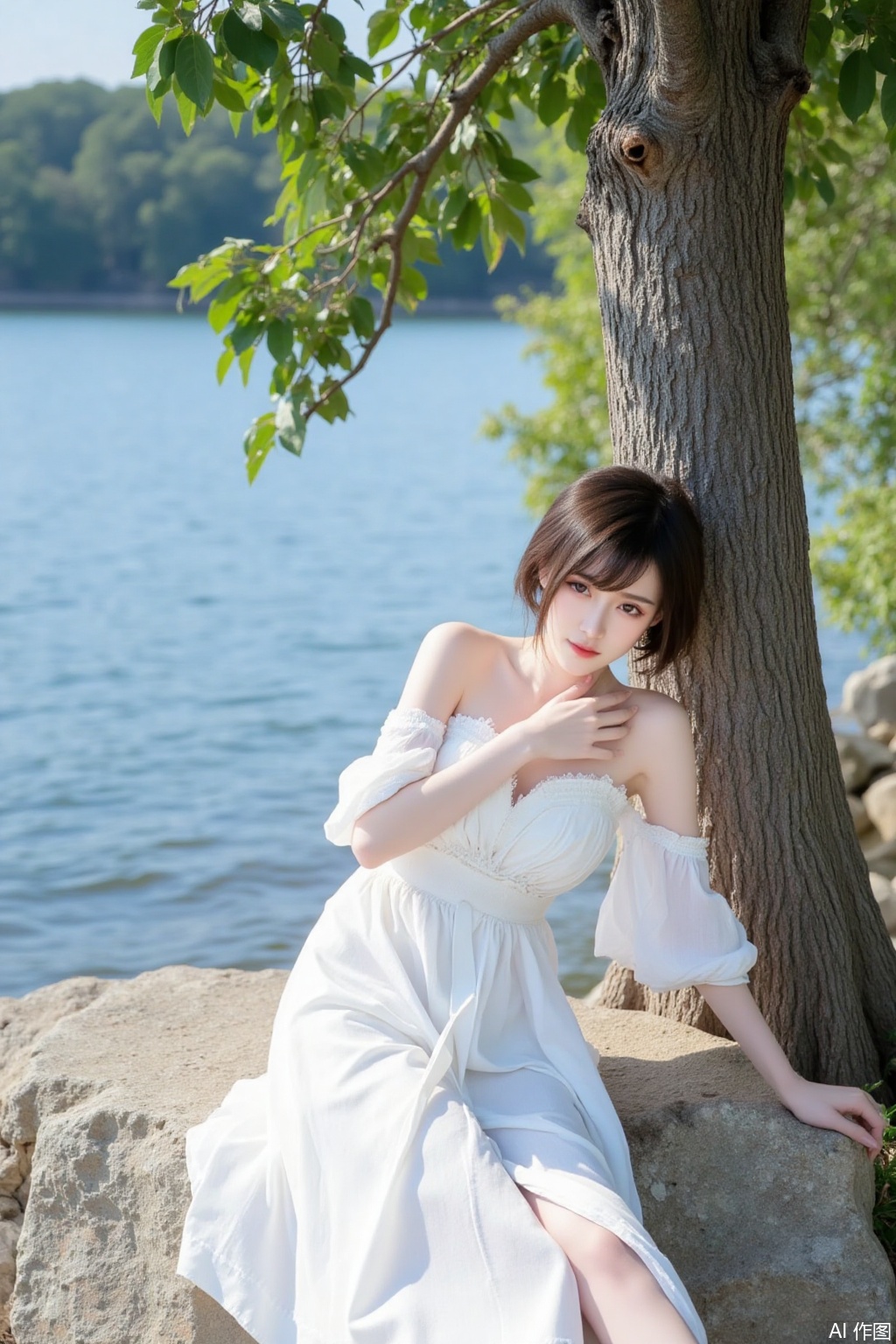 1girl, solo, short hair, brown hair, black hair, dress, bare shoulders, sitting, water, white dress, tree, arm support, sunlight, hand on own chest, leaning back