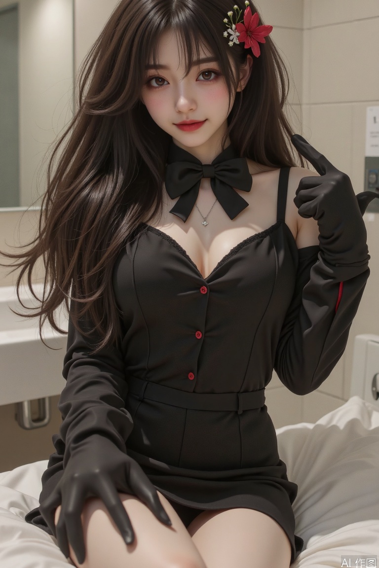 a girl,black_gloves,black shirt,Black office uniform,black-hair,long hair, black long hair,nacklace,red rips,full_body,Black hip hugging skirt,white legs,backlighting,smiling_at_viewer,washroom,sexy guilty (idolmaster),mirror,neck_bow,bed_sheet, random pose, crossed_legs_(lying), feets  pointing at viewer,Ultra-clear facial details,large breasts, brown hair, black hair, hair ornament, red eyes, dress, cleavage, bare shoulders, closed mouth, upper body, flower, indoors, hair flower, white dress, from below,bailing_magic_circle,PKQ,1080P,1girl,graceful girl