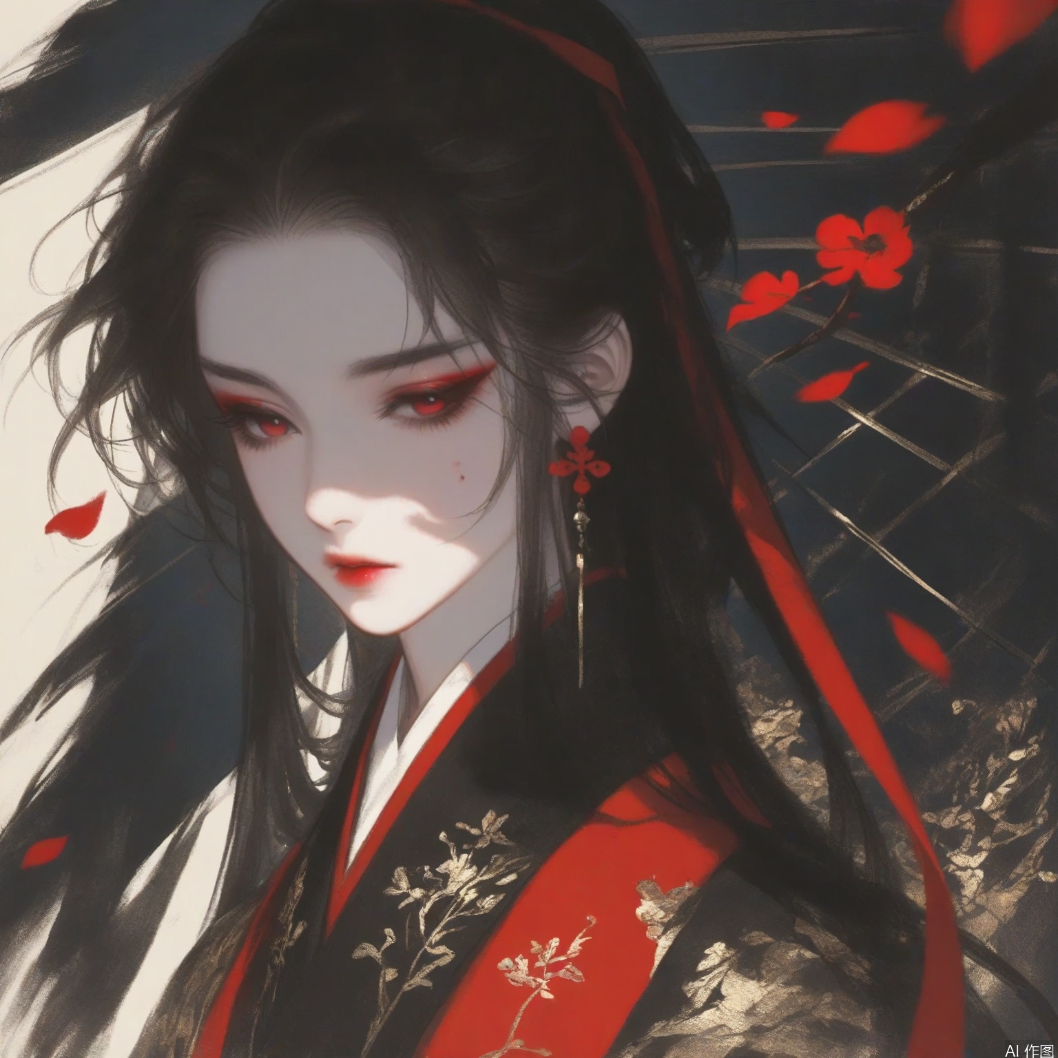 ZOZ_GF

The image depicts a close-up of a character with striking red eyes and a subtle expression. The character's face is partially obscured by long

dark hair

and there are red accents on their cheeks and forehead. The character is wearing traditional attire with intricate designs

and there are red ribbons or petals scattered around. The background is dark

with a faint outline of a tree or similar structure

adding a sense of depth and atmosphere to the scene.

