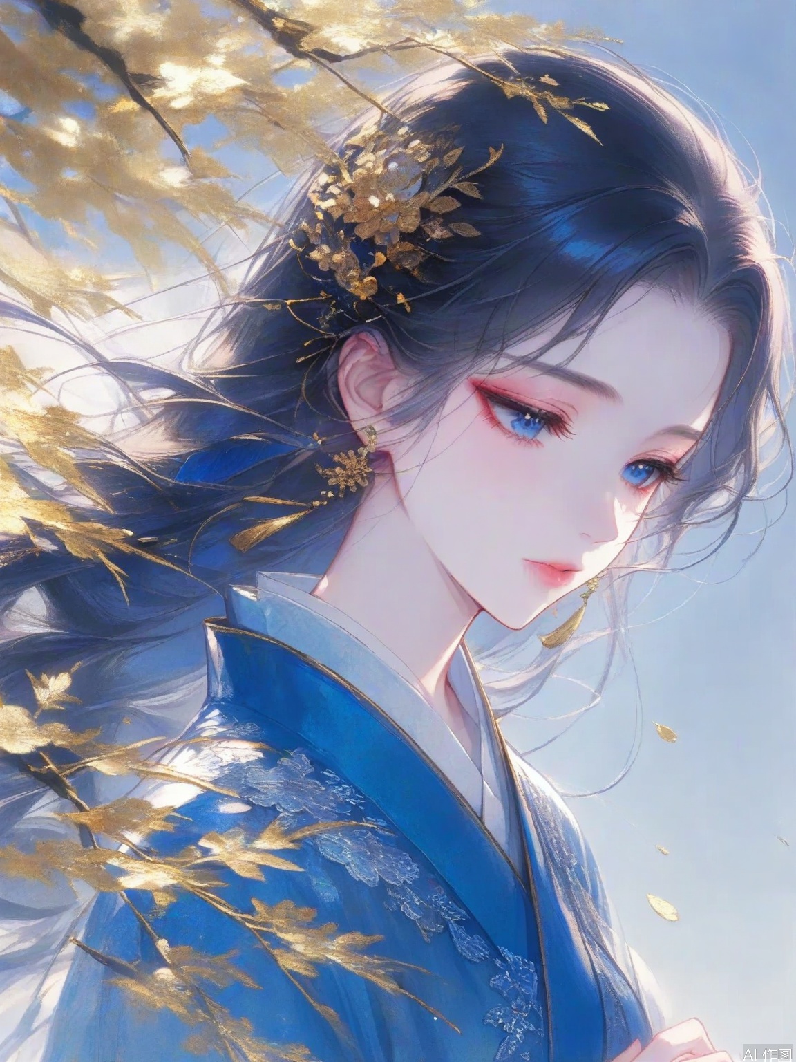 The image depicts a serene and ethereal scene with a young woman dressed in traditional attire. She is adorned in a blue garment that appears to be intricately embroidered

and her hair is styled elegantly

with delicate strands flowing around her face. Her expression is calm and contemplative

with her eyes slightly downcast. The background is a soft

gradient blue

giving a sense of tranquility and depth. Golden accents are scattered throughout the image

adding a touch of opulence and enhancing the overall aesthetic. The composition and use of light and shadow create a dreamy

almost otherworldly atmosphere.

