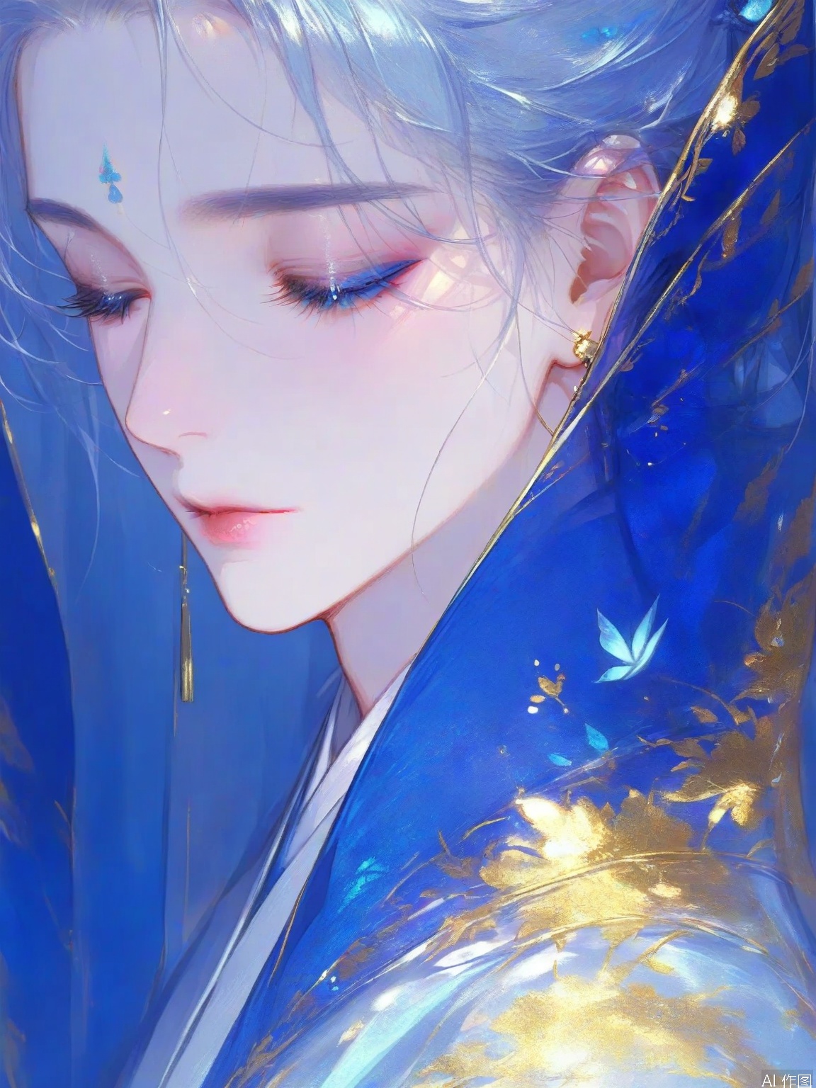 The image depicts a close-up of a serene and ethereal figure with delicate

flowing hair. The person's face is partially obscured by translucent

golden

and blue-toned fabric that appears to be gently draped over their head and shoulders. The individual's eyes are gently closed

and their lips are slightly parted

giving a sense of calm and introspection. The background is a soft

gradient of light blue

enhancing the tranquil and mystical atmosphere of the scene. The overall composition is minimalistic

focusing on the delicate interplay of textures and colors.

