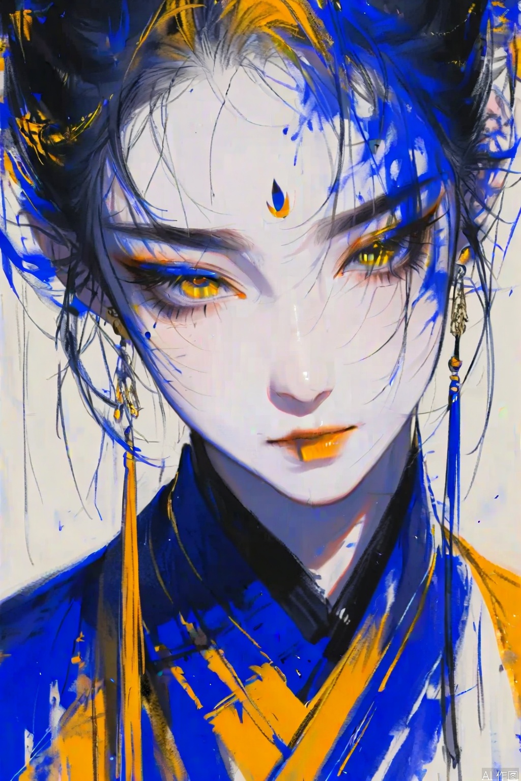ZOZ_GF

The image depicts a close-up of a stylized

anime-inspired character with striking features. The character has large

expressive eyes with a vivid yellow iris and dark eyeliner

giving them an intense and captivating gaze. Their skin is smooth and pale

with subtle highlights that emphasize their delicate features. A small

colorful mark is placed on their forehead

adding an element of mystique. The character's hair is dark and slightly disheveled

with strands of blue and yellow paint splattered across it

creating a dynamic and artistic effect. They are adorned with long

dangling earrings that feature intricate designs

complementing the overall aesthetic. The character is dressed in traditional attire

with a visible collar and fabric that has a rich

deep blue color

accented with yellow and orange highlights. The background is minimalistic

allowing the character to stand out prominently. The colors and textures in the background are soft and blended

creating a contrast that enhances the character's vivid appearance. The image has a high level of detail and artistic flair

with a focus on the character's expressive face and the vibrant

painterly elements in their hair and attire.

