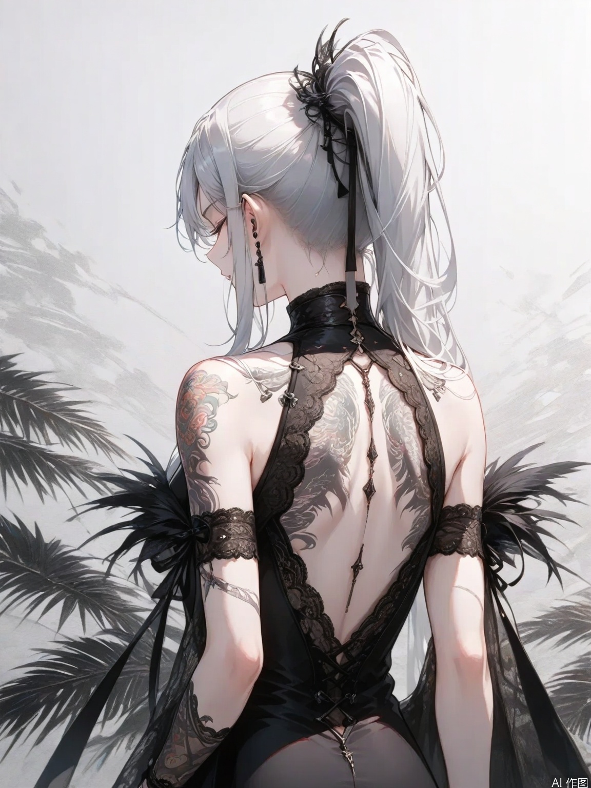 The image depicts a stylized anime-style character with long

silver hair tied into a high ponytail. The character is wearing a black dress with lace detailing and has intricate tattoos on their upper back and arms. The tattoos include floral and possibly bird designs. The background is a gradient of light gray

with faint

abstract shapes resembling leaves or feathers scattered around. The overall aesthetic is elegant and somewhat gothic

with a focus on the character's intricate details and the contrast between the dark clothing and the light background.

