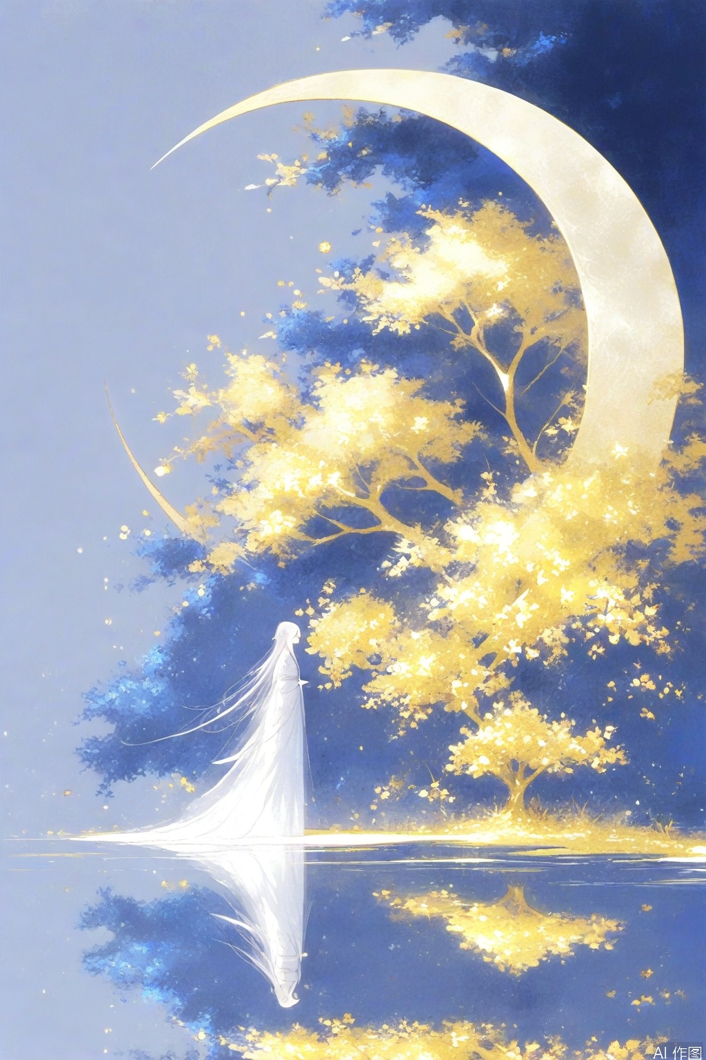 ZOZ_GF

The image depicts a serene and ethereal scene with a figure standing in the foreground. The figure is dressed in flowing white garments

giving an impression of elegance and grace. The background is a deep blue

suggesting a nighttime or twilight setting

with a crescent moon partially visible on the right side

surrounded by delicate

golden-yellow flowers. The flowers appear to be part of a tree or bush

creating a natural and tranquil atmosphere. The overall composition is soft and dreamy

with a reflective surface at the bottom

adding to the sense of calm and beauty.

