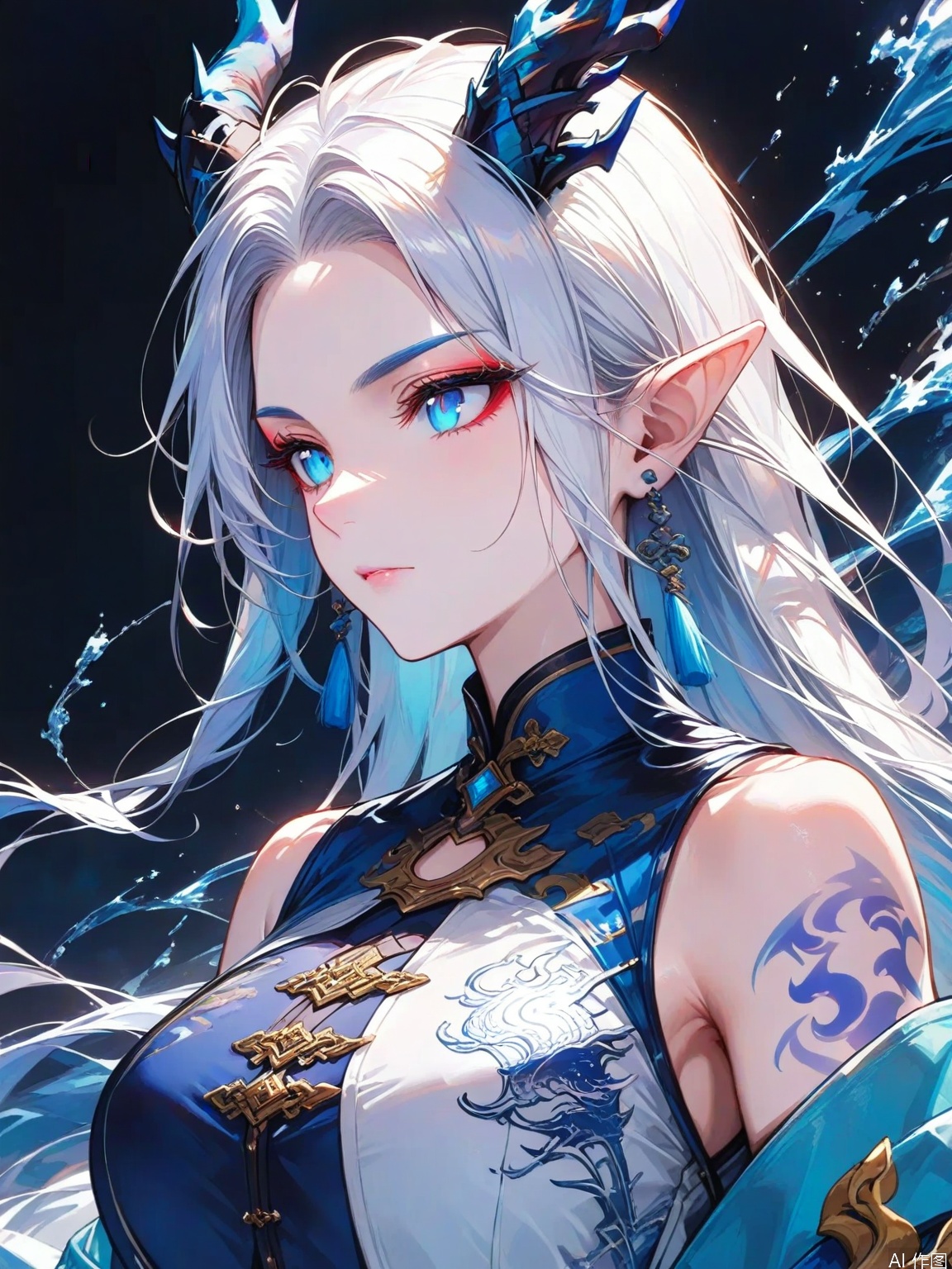 The image depicts a character with long

flowing white hair and striking blue eyes. She is wearing a traditional-style outfit that features intricate blue patterns

resembling a dragon motif

and a high-collared

sleeveless top with a decorative brooch. Her ears are adorned with blue earrings

and there are visible tattoos on her right arm. The background is dark

with subtle highlights and a few scattered blue elements

possibly representing water or ice. The overall aesthetic is vibrant and detailed

with a focus on the character's striking appearance.

