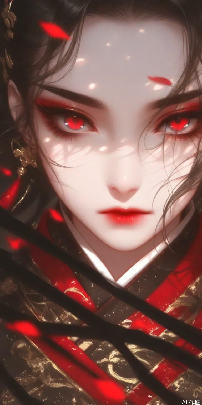 ZOZ_GF

The image depicts a close-up of a character with striking red eyes and a subtle expression. The character's face is partially obscured by long

dark hair

and there are red accents on their cheeks and forehead. The character is wearing traditional attire with intricate designs

and there are red ribbons or petals scattered around. The background is dark

with a faint outline of a tree or similar structure

adding a sense of depth and atmosphere to the scene.

