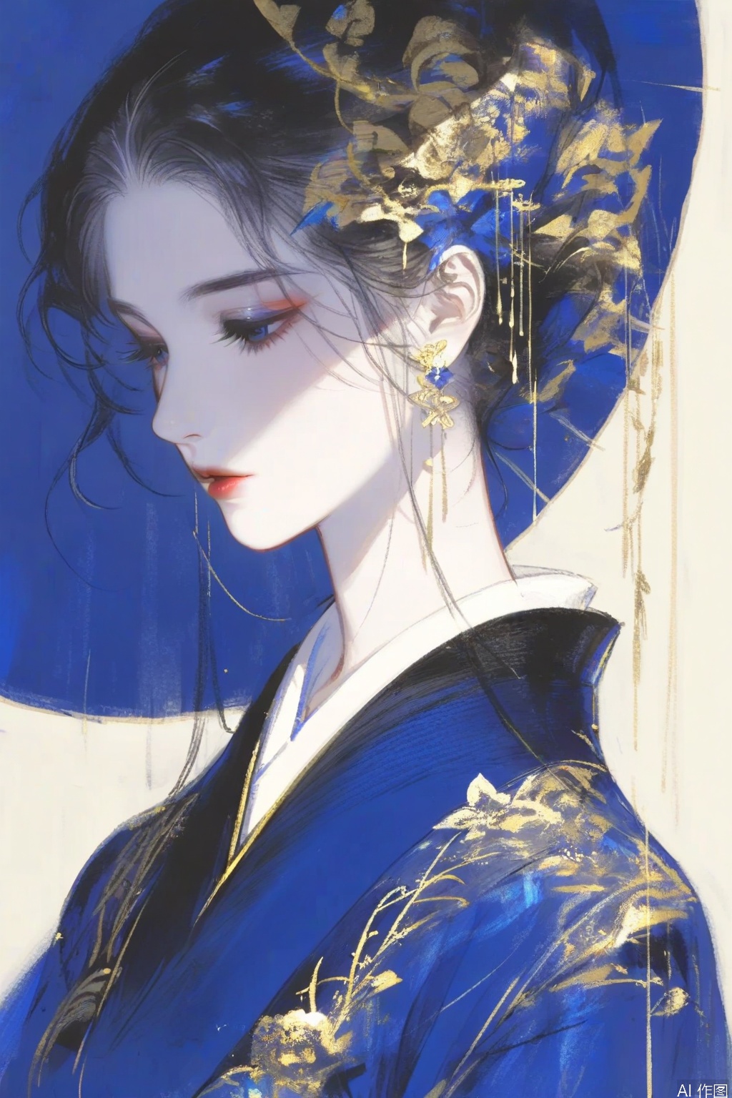 ZOZ_GF

The image depicts a stylized

artistic representation of a woman dressed in traditional attire. She is wearing a dark

intricately patterned garment that appears to be a kimono or a similar type of traditional Japanese clothing. The fabric is adorned with gold and blue floral patterns

giving it a luxurious and elegant appearance. The woman is draped in a sheer

translucent fabric that covers her head and shoulders

adding a sense of mystery and grace to her form. The background consists of a bold

vertical color division

with the left side in a deep blue and the right side in a bright yellow. This contrast creates a striking visual effect

highlighting the woman and her attire. The overall composition is highly stylized

with a focus on the intricate details of the clothing and the flowing

ethereal quality of the fabric. The image exudes a sense of elegance and timeless beauty

with a strong emphasis on the interplay of colors and textures.

