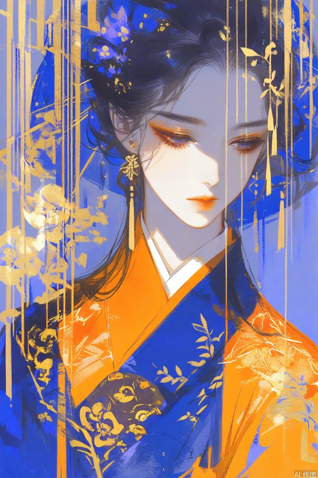 ZOZ_GF

The image depicts a stylized

artistic representation of a woman in profile

dressed in a traditional garment. The woman is adorned in a vibrant orange kimono with intricate floral patterns

which contrasts with the deep blue background. Her hair is elaborately styled

featuring decorative elements that complement the overall aesthetic. The background is abstract

with a blend of blue and purple hues

creating a serene and ethereal atmosphere. The composition emphasizes the elegance and cultural richness of the attire and the artistic style.


