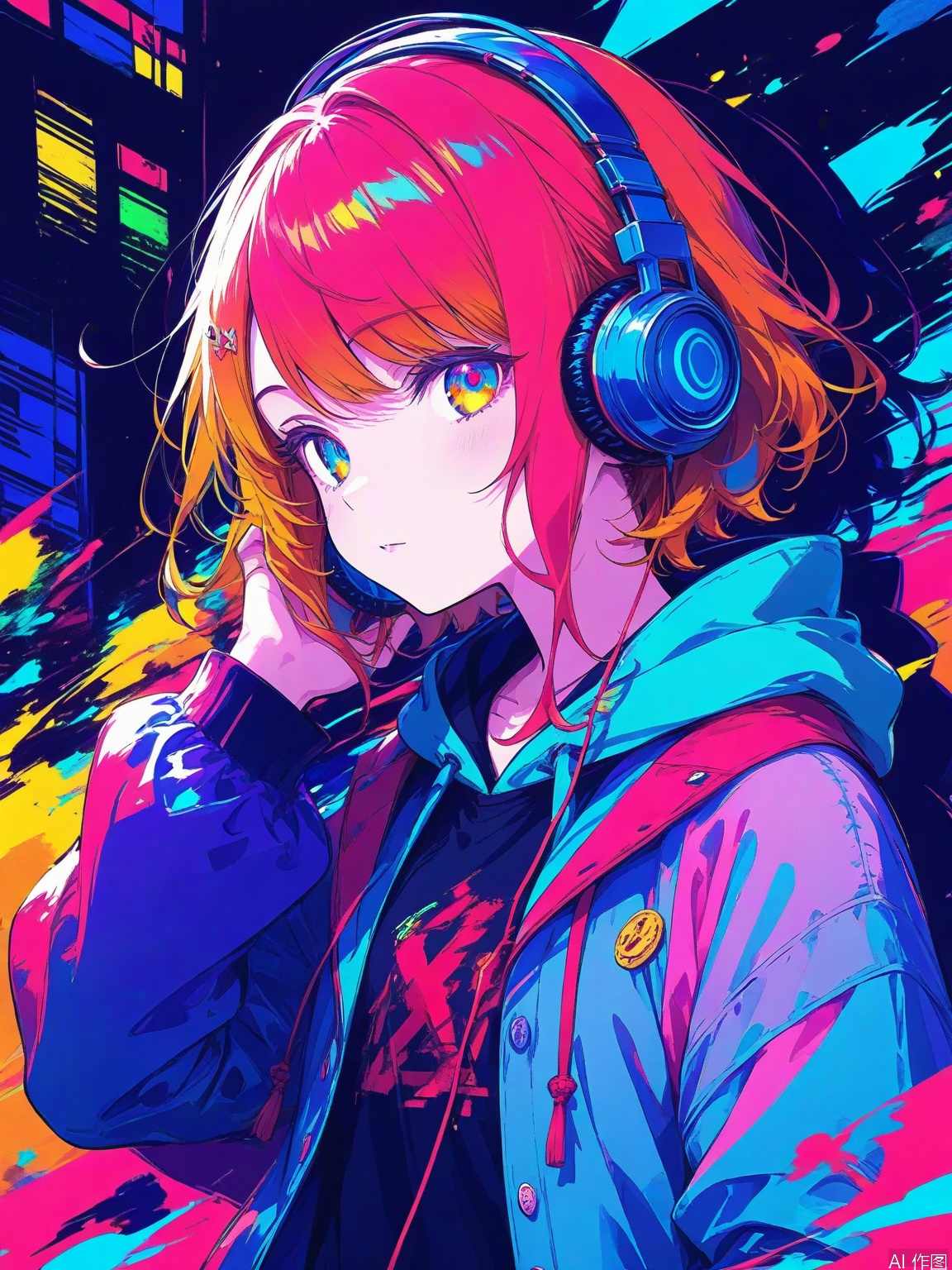 1girl, solo, headphones, hoodie, silhouette, colorful theme, low saturation,fashion,Trendy