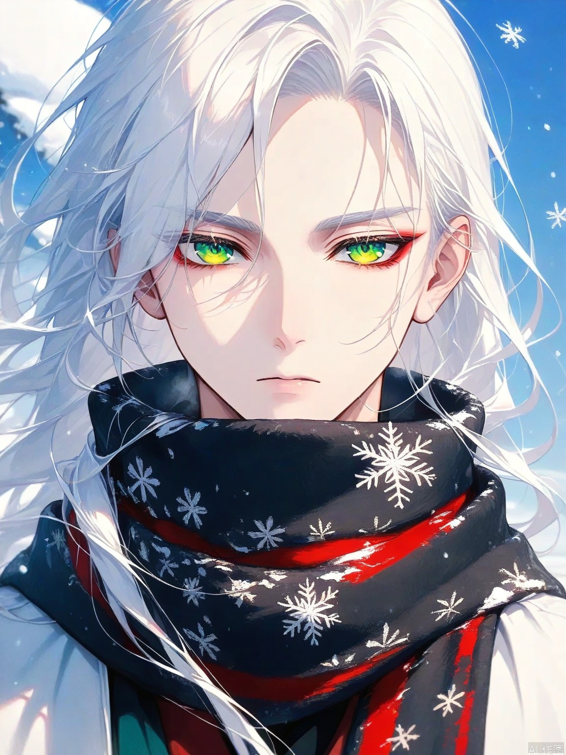 The image depicts a close-up of a character with long

flowing white hair and striking green eyes. The character is wearing a black and red patterned scarf that covers most of their lower face

leaving only their eyes visible. Snowflakes are scattered around

suggesting a cold or wintery environment. The background is a clear blue sky

emphasizing the character's presence against a bright

open space. The overall style is highly detailed and vibrant

typical of anime or manga art.

