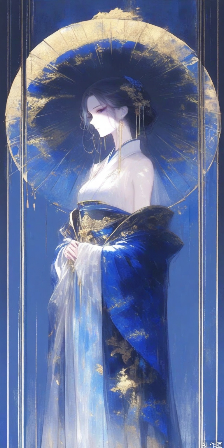ZOZ_GF

The image depicts a stylized

artistic representation of a woman dressed in traditional attire. She is wearing a dark

intricately patterned garment that appears to be a kimono or a similar type of traditional Japanese clothing. The fabric is adorned with gold and blue floral patterns

giving it a luxurious and elegant appearance. The woman is draped in a sheer

translucent fabric that covers her head and shoulders

adding a sense of mystery and grace to her form. The background consists of a bold

vertical color division

with the left side in a deep blue and the right side in a bright yellow. This contrast creates a striking visual effect

highlighting the woman and her attire. The overall composition is highly stylized

with a focus on the intricate details of the clothing and the flowing

ethereal quality of the fabric. The image exudes a sense of elegance and timeless beauty

with a strong emphasis on the interplay of colors and textures.

