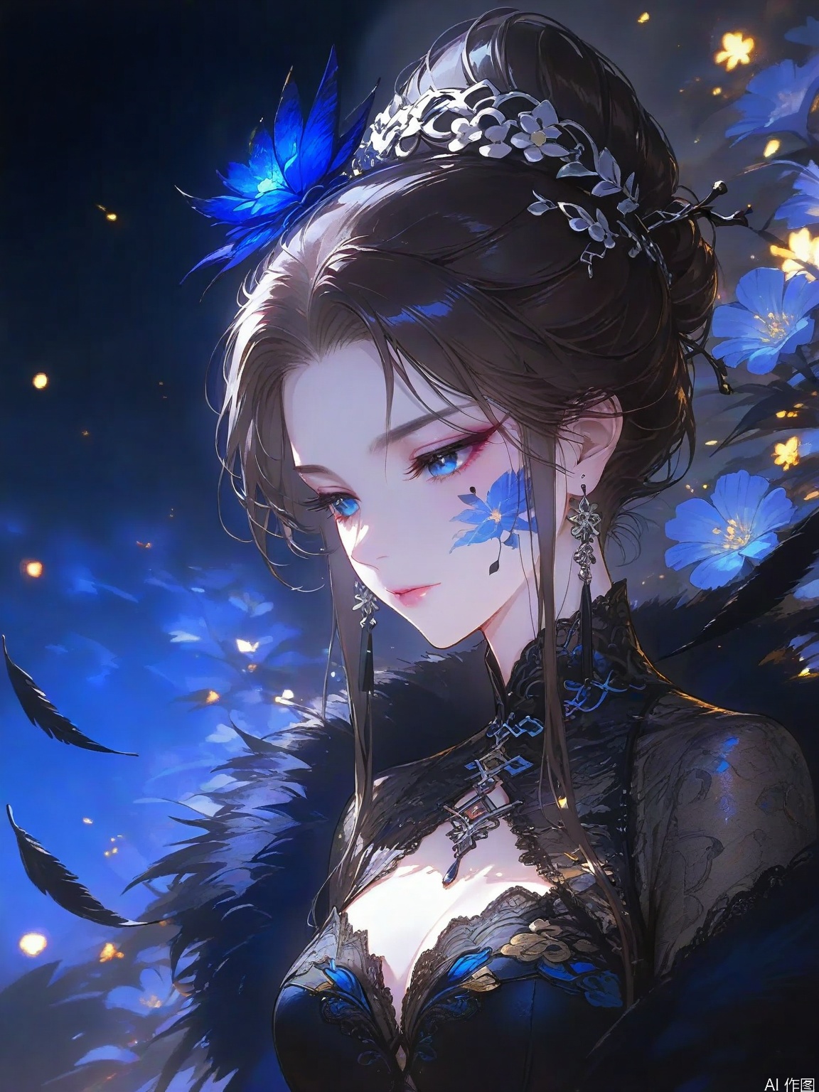 The image depicts a stylized anime-style character with a dark elegant appearance. The character has intricate floral patterns glowing on their skin which are highlighted in a striking blue hue. They are wearing a black form-fitting dress with lace details. Their hair is styled in an updo adorned with a decorative hairpiece that includes leaves and possibly feathers. The background is dark with floating leaves and glowing particles creating a mystical atmosphere. The overall aesthetic is ethereal and otherworldly with a focus on the glowing floral patterns and the character's serene expression.