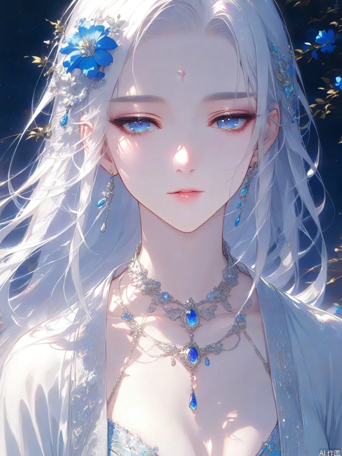 The image depicts a serene and ethereal scene featuring a character with long

flowing white hair adorned with blue flowers. The character's eyes are large and expressive

with a gentle

almost melancholic expression. They are wearing an intricate silver necklace with a blue gemstone

matching the color scheme of the flowers in the background. The background is a dark

starry sky

creating a contrast that highlights the character's delicate features and the soft

glowing light that illuminates their face. The overall atmosphere is tranquil and mystical

with a focus on the character's serene expression and the subtle details of their attire and accessories.

