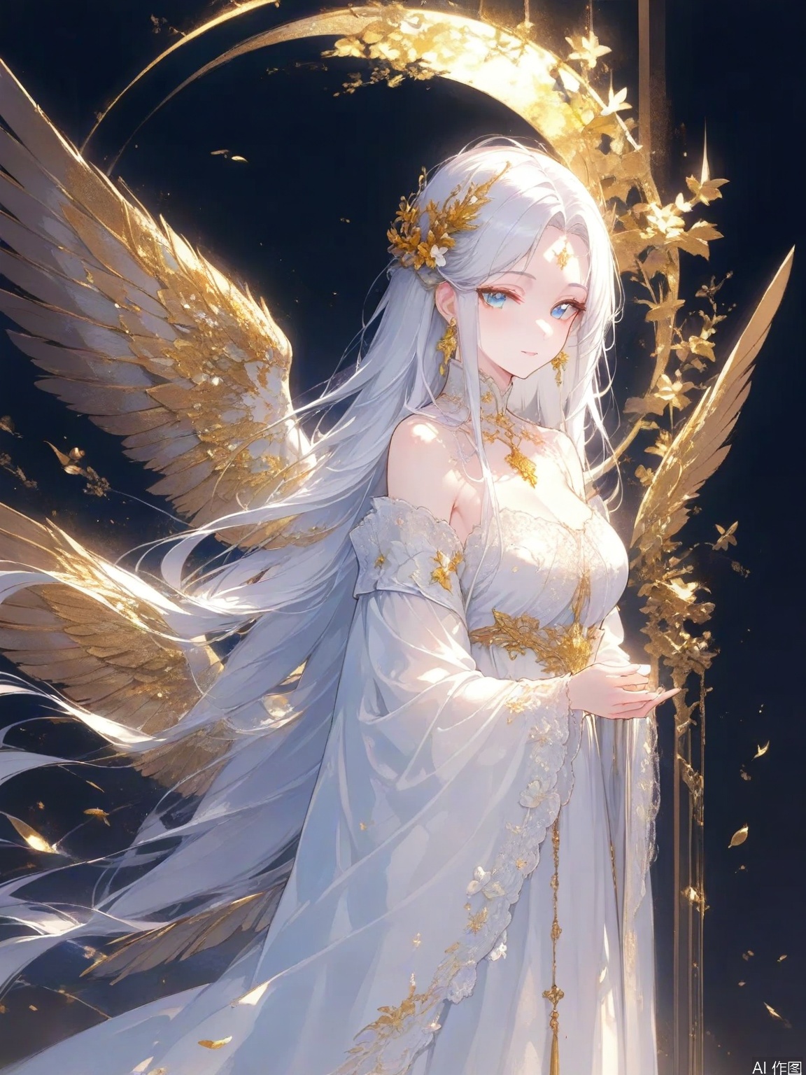 The image depicts a highly detailed and ethereal figure with long flowing white hair adorned with delicate floral accessories. The figure is wearing a luxurious flowing white gown embellished with intricate embroidery and golden accents. The gown is complemented by a pair of large radiant wings that are softly illuminated giving the impression of a celestial being. The background is dark with subtle glowing particles that enhance the mystical and otherworldly atmosphere. The overall composition exudes a sense of grace and serenity with the figure appearing to float or stand in a dreamlike state.