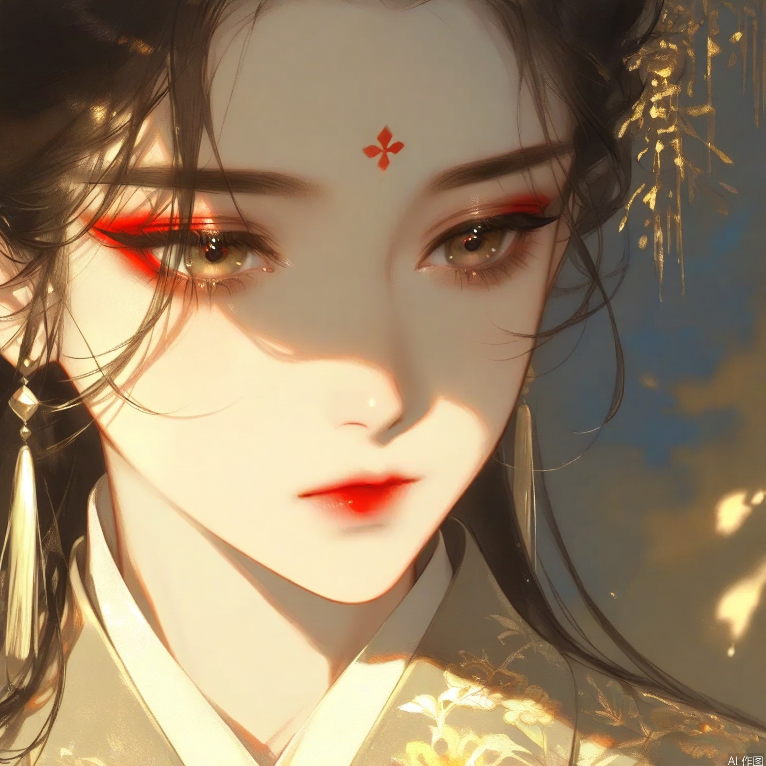 ZOZ_GF

The image depicts a close-up of a person wearing traditional East Asian attire

characterized by intricate floral patterns and a layered robe. The individual has long

dark hair

and their face is partially illuminated by a soft

warm light

creating a serene and contemplative atmosphere. A small

diamond-shaped mark is visible on the forehead

and the person's eyes are adorned with subtle makeup

including red eyeshadow and eyeliner. The background is blurred

drawing focus to the detailed textures and colors of the clothing and the person's face.

