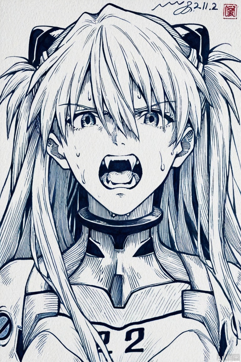 monochrome, traditional media, simple background, white background,signature, dated,
1girl,solo,open mouth,souryuu asuka langley,plugsuit,hair between eyes,teeth,long hair,shouting,interface headset,bangs,sweat,looking at viewer,bodysuit,simple background,sweatdrop,fangs,