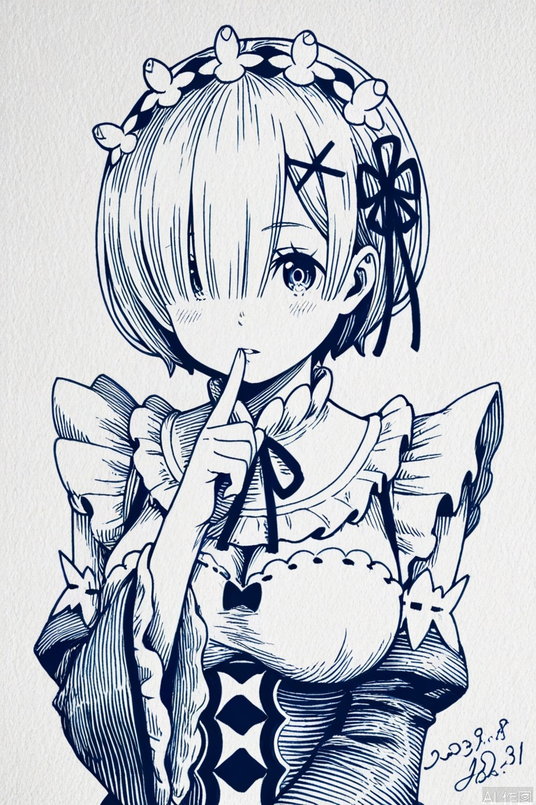 monochrome, traditional media, simple background, white background,signature, dated:2025.3.16
mansion maid uniform,rem (re:zero),cleavage,x hair ornament,maid,detached sleeves,hair ribbon,upper body,bangs,black ribbon,frills,looking at viewer,neck ribbon,medium breasts,dress,maid headdress,white background,finger to mouth,ribbon trim,large breasts,