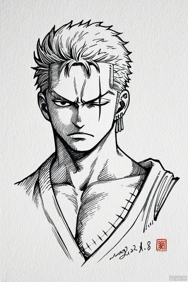 monochrome, traditional media, simple background, white background,signature, dated:2025.3.16
solo,1boy,male focus,jewelry,earrings,scar,greyscale,scar on face,looking at viewer,short hair,portrait,roronoa zoro,scar across eye,frown,closed mouth,sketch,serious,traditional media,