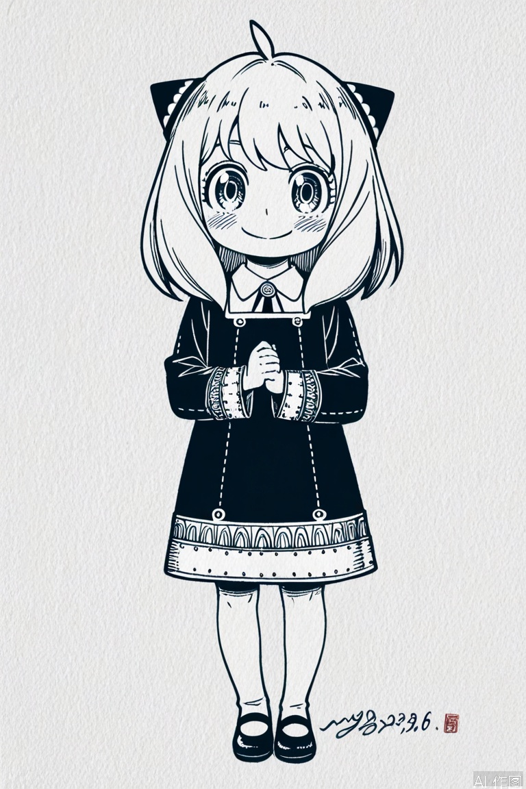 monochrome, traditional media, simple background, white background,signature, dated:2025.3.16
1girl,solo,anya (spy x family),monochrome,female child,smile,eden academy school uniform,looking at viewer,ahoge,school uniform,signature,shoes,long sleeves,full body,child,traditional media,closed mouth,dress,bangs,blush,own hands together,hairpods,medium hair,standing,collared shirt,greyscale,artist name,shirt,