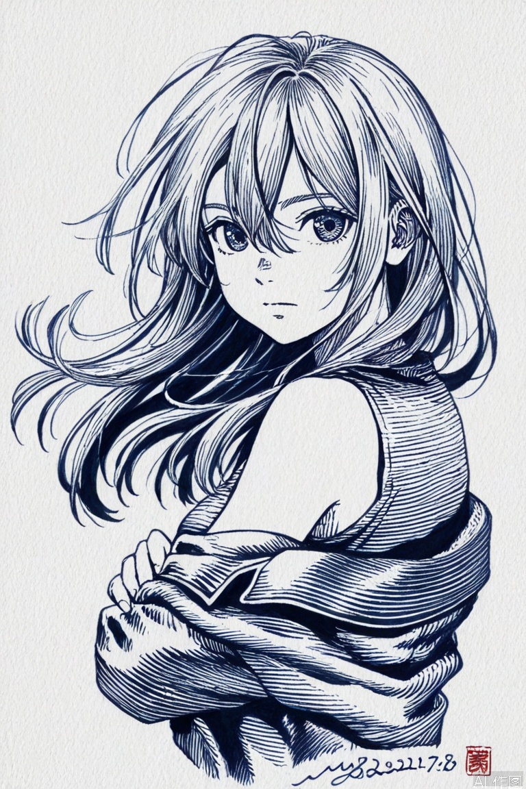 monochrome, traditional media, simple background, white background,signature, dated,
1girl,solo,long hair,hair between eyes,floating hair,looking at viewer,closed mouth,bare shoulders,crossed arms,looking to the side,shirt,jacket,sleeveless,off shoulder,sleeveless shirt,upper body,