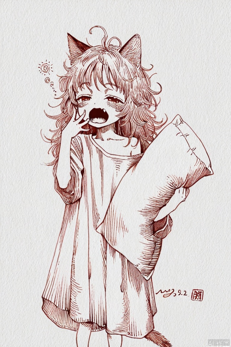 monochrome, traditional media, simple background, white background,signature, dated,
1girl,cute face,cat ears,cat tail,oversized_clothes,single_bare_shoulder,messy_hair,yawning,fang,wavy_mouth,half-closed_eyes,hugging pillow,