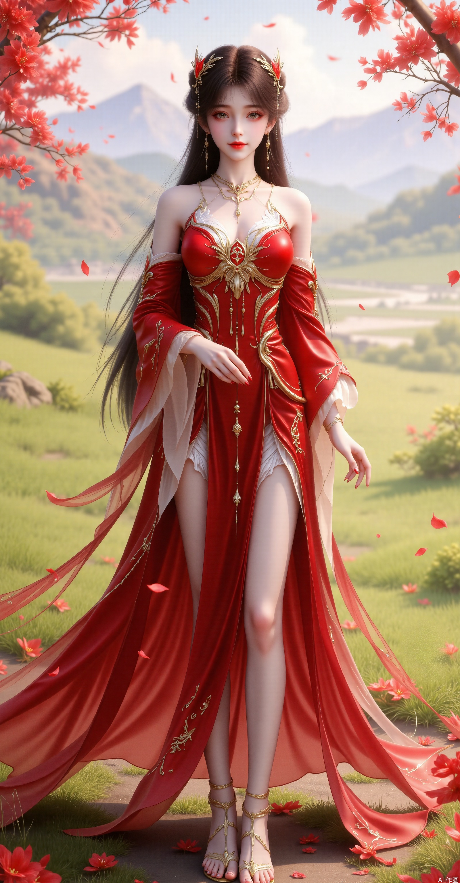 Character Image: The female character has long black hair, adorned with delicate hair accessories.Costume Design: She is wearing a red fantasy-style long dress with golden decorations and patterns, appearing both luxurious and mysterious.Posture: She stands with one hand gently placed in front of her, displaying an elegant and confident posture.Background: The setting is an outdoor environment with green grass and distant mountains, creating a tranquil and beautiful atmosphere.Environment: Surrounded by blooming red flowers, adding liveliness and romance to the scene.Accessories: She wears delicate earrings on her ears, which match her outfit's style.