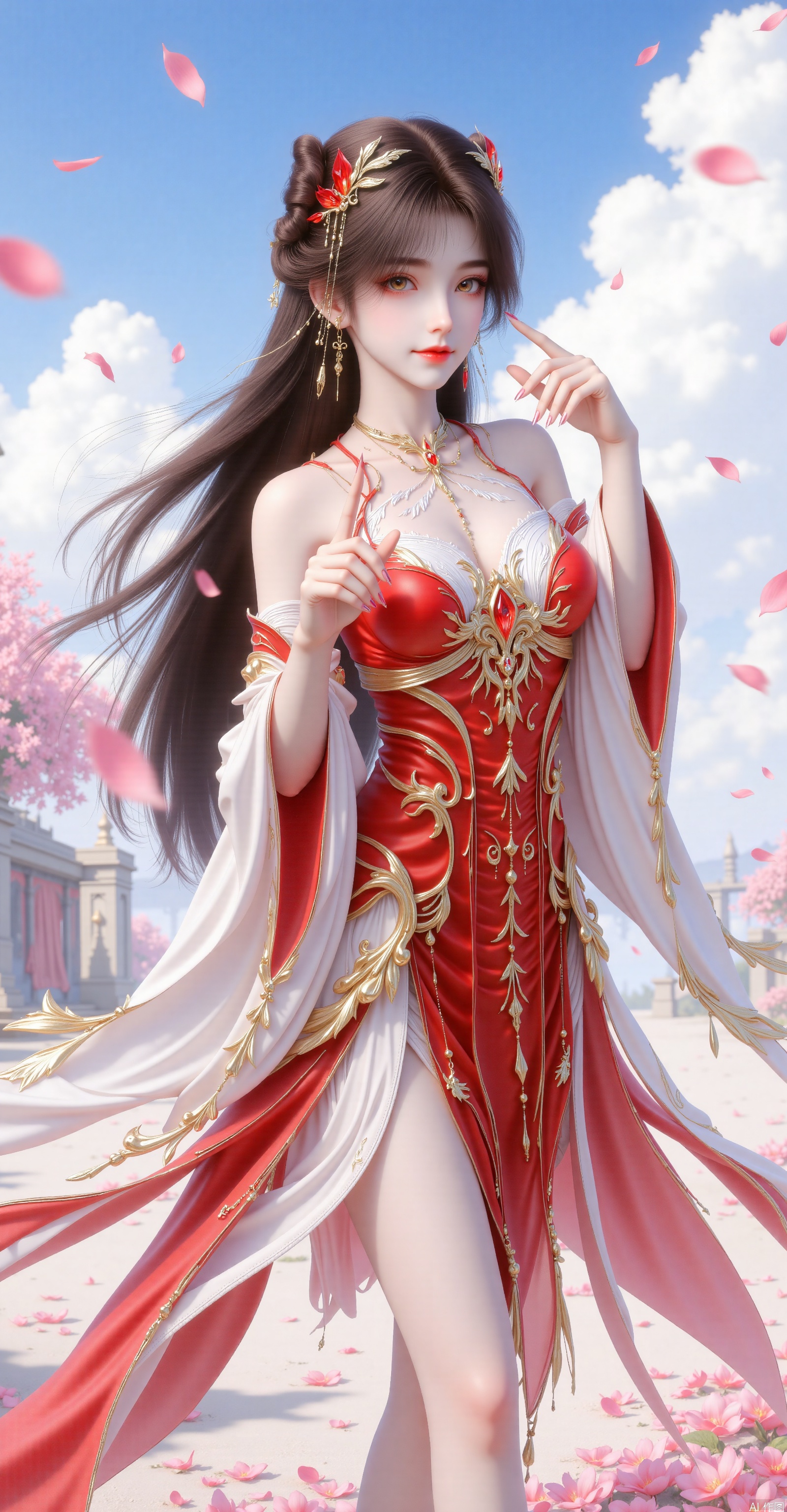 Character Image:The female character has long dark hair adorned with exquisite hair accessories,including a small crown. Costume and Style:She is wearing a fantasy-style outfit interwoven with red and white,featuring golden decorations and patterns that exude both splendor and mystery. Pose:She stands with one hand making a gesture,displaying a posture that is both confident and elegant. Background:The background is a daytime scene with blue skies and white clouds,creating a tranquil and beautiful atmosphere. Environment:Petals are falling around her,adding liveliness and romance to the scene. Accessories:She wears delicate earrings that match the style of her outfit.