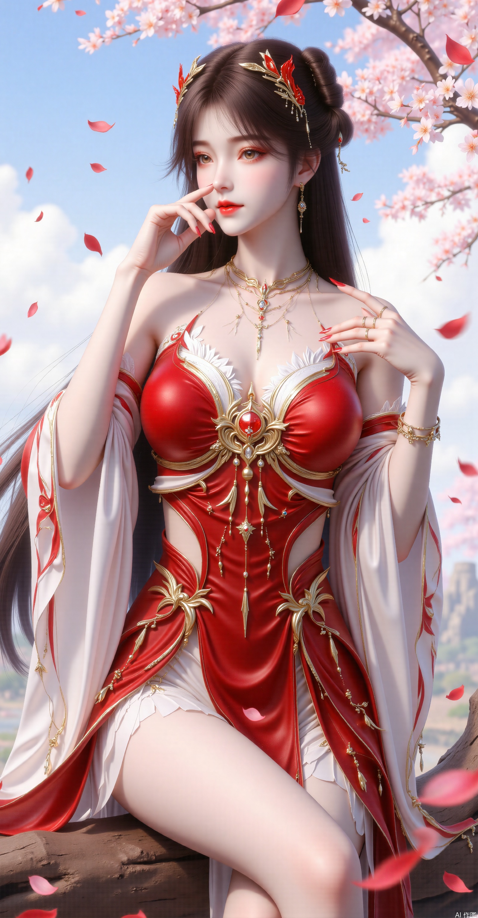 Character Image:The female character has long dark hair adorned with exquisite hair accessories,including a small crown.

Costume and Style:She is wearing a fantasy-style outfit interwoven with red and white,featuring golden decorations and patterns that exude both splendor and mystery.

Pose:She sits on a cherry blossom tree branch,one hand touching her nose,displaying a posture that is both confident and elegant.

Background:The background is a daytime scene with blue skies and white clouds,creating a tranquil and beautiful atmosphere.

Environment:Red petals are falling around her,adding liveliness and romance to the scene.

Accessories:She wears delicate earrings that match the style of her outfit.