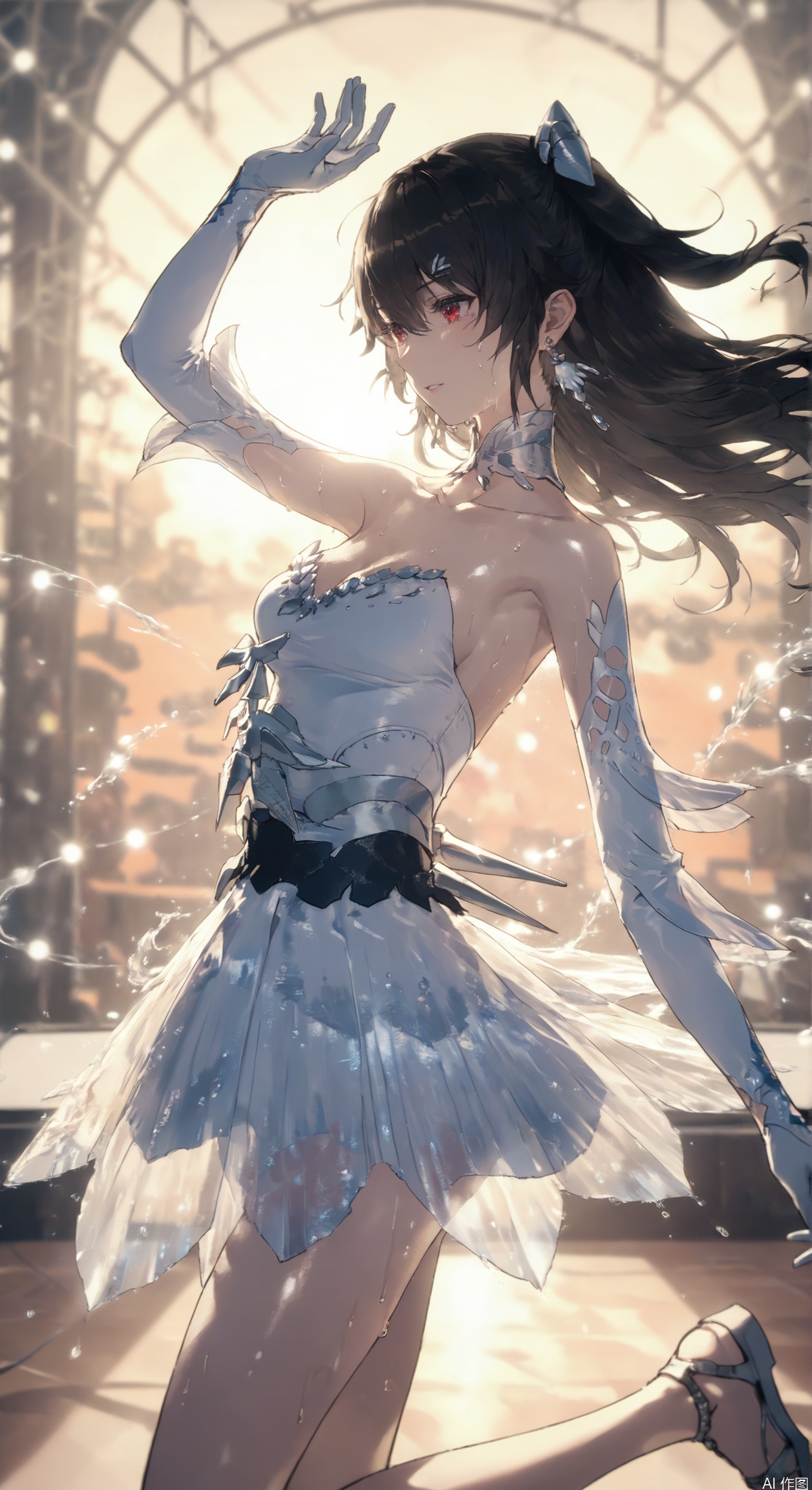 lucia(PGR),1girl, solo, long hair, breasts, bangs, black hair, hair ornament, red eyes, dress, hair between eyes, bare shoulders, jewelry, collarbone, earrings, indoors, white gloves, white dress, only,White ballet skirt, white silk, ballet, On the stage, a person dances, stage lights, dazzling dance postures,dance practice, sweat,Splashing beads of sweat, sunset light, elegant, charming,  see-through,see-throughs silhouettes,sandals,intoxicated,floating hair,(all body),dynamic pose,leg up,on one leg,
depth of field,detailed light,blurry background,cinematic lighting,ray tracing,amazing quality,very aesthetic,absurdres,beast quality,ultra detailed,god rays,backlighting,photo background,film grain,chromatic aberration,volumetric lighting,depth of field,blurry background,shiny skin,cinematic lighting,day,very aesthetic,