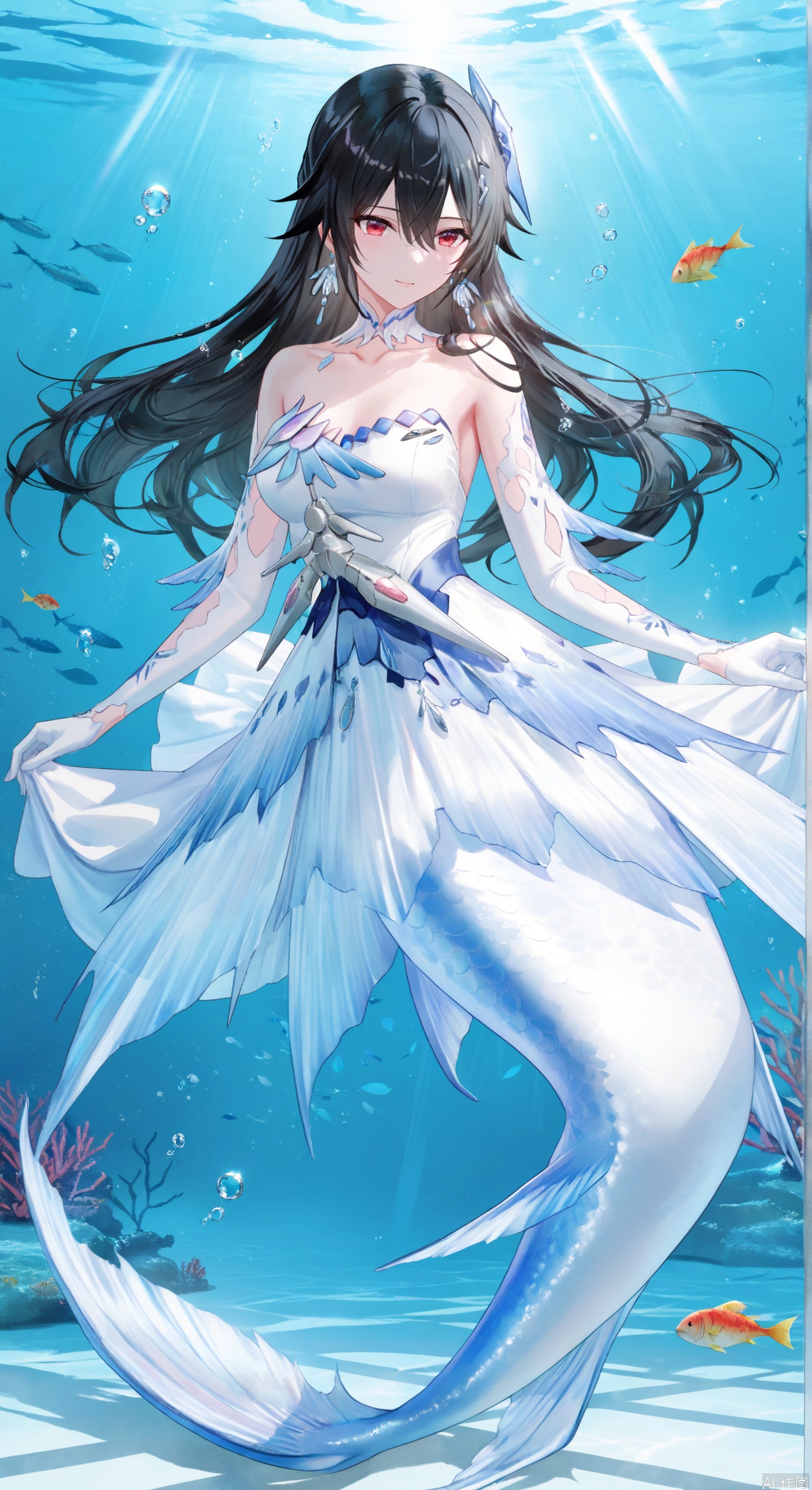 1girl, solo,lucia(PGR), long hair, breasts,bangs, black hair, hair ornament, red eyes, soft gentle eyes,gentle expression,light smile,dress, hair between eyes, bare shoulders, jewelry, collarbone, earrings, indoors, white gloves, white dress, monster girl, fish, bubble, underwater, air bubble, mermaid,depth of field, light particles, lens flare, masterpiece,best quality,((artist:reoen),(artist:fuzichoco),(artist:atdan),(artist:torino_aqua:0.5),year 2024:0.5),(artist:omone_hokoma_agm:0.8), 2d, anime,