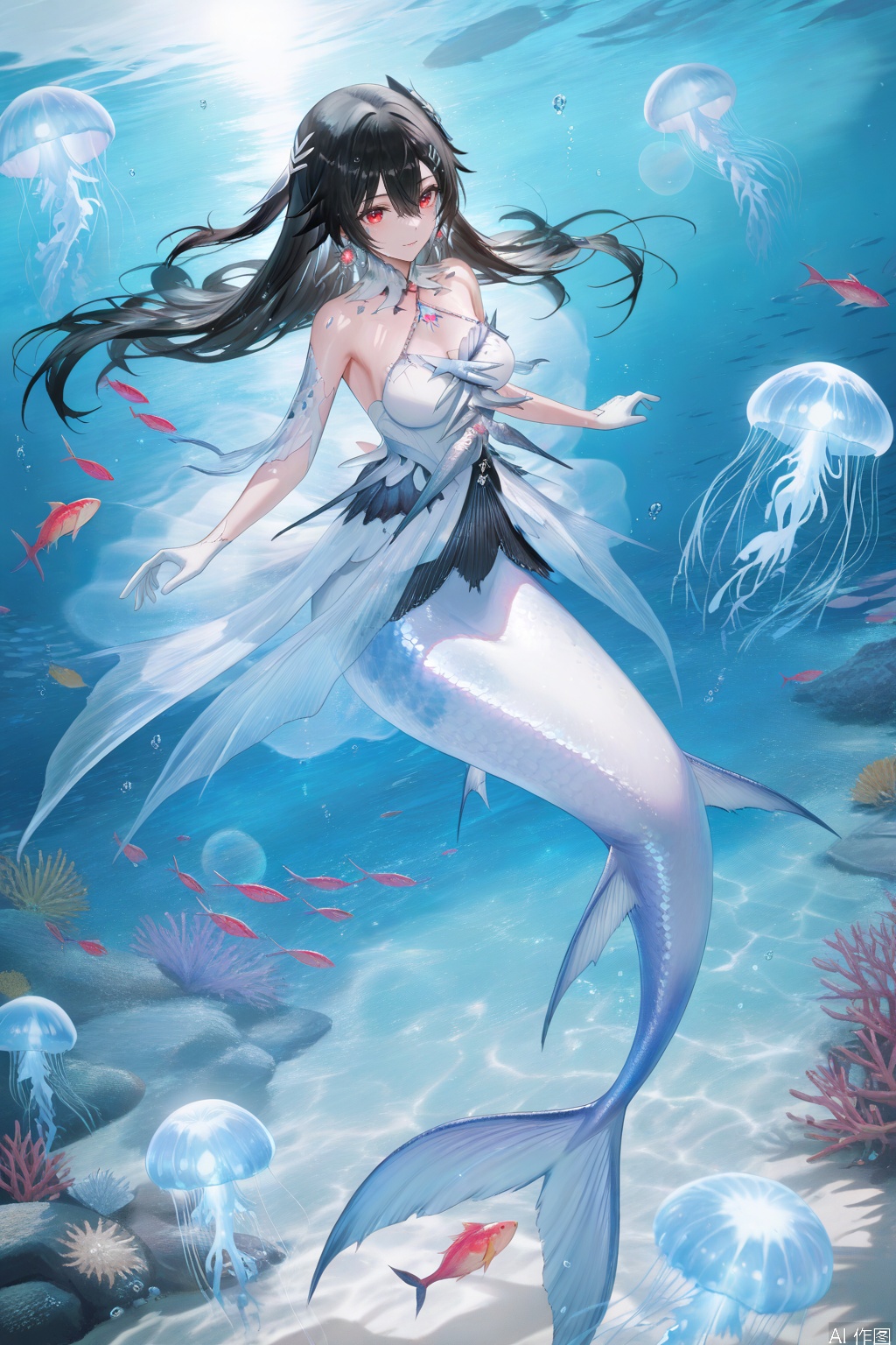 masterpiece,best quality,((artist:reoen),(artist:fuzichoco),(artist:atdan),(artist:torino_aqua:0.5),year 2024:0.5),(artist:omone_hokoma_agm:0.8),

2d, anime,( mermaid, fish tail, rolled-up fish tail,monster girl:1.2), siren, scales,floating,seabed,soaked,drifting in the sea,Surrounded by schools of fish,(Corals, seagrass,seabed,air bubble,Glowing jellyfish:1.1),detailed background,


lucia(PGR),1girl, solo, long hair, medium breasts, bangs, black hair, hair ornament, red eyes, dress, hair between eyes, bare shoulders, jewelry, earrings, white gloves, white dress,soft gentle eyes,gentle expression,light smile,lens flare,from above,overlook