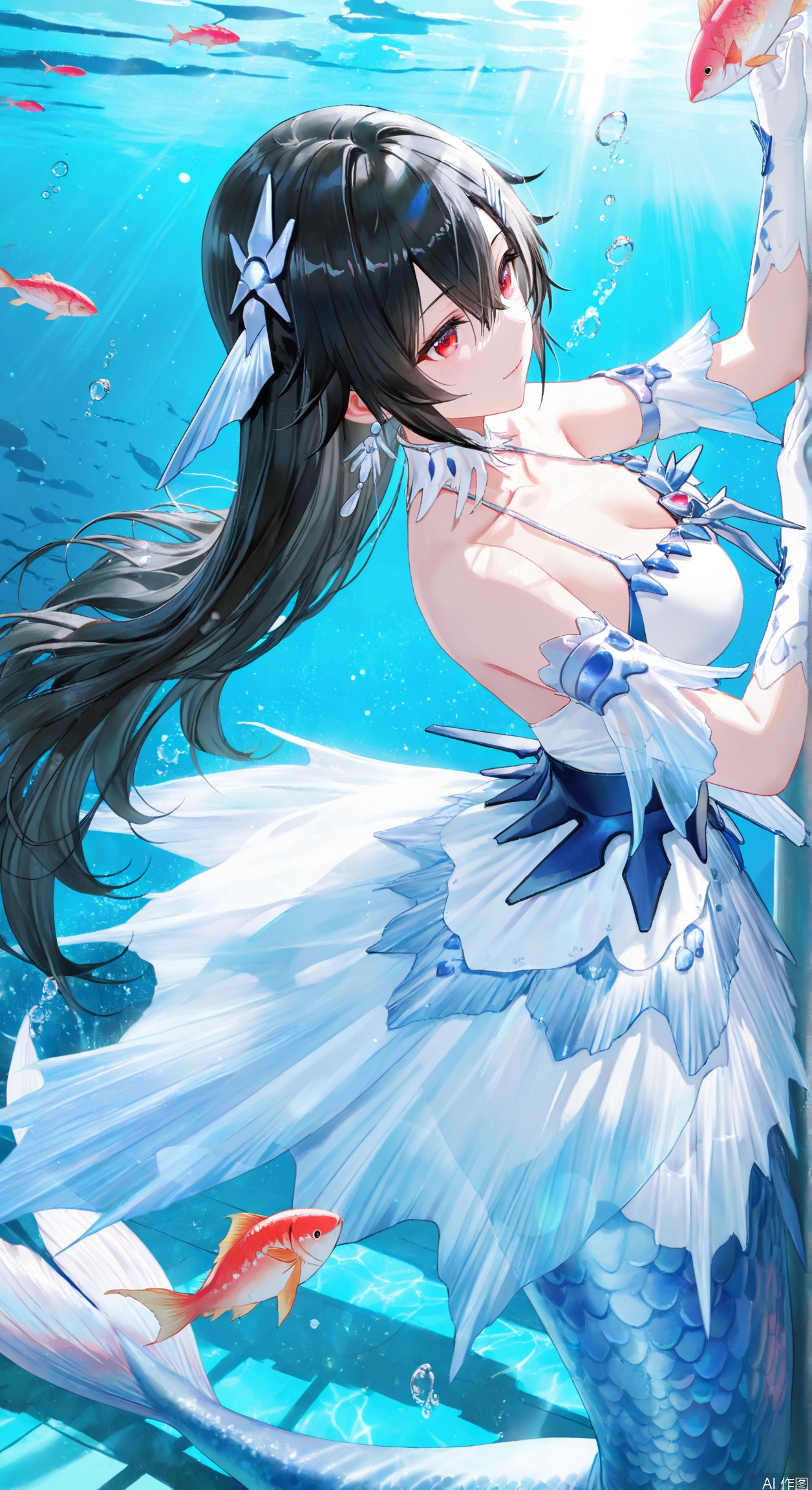 1girl, solo,lucia(PGR), long hair, breasts,bangs, black hair, hair ornament, red eyes, soft gentle eyes,gentle expression,light smile,dress, hair between eyes, bare shoulders, jewelry, collarbone, earrings, indoors, white gloves, white dress, monster girl, fish, bubble, underwater, air bubble, mermaid,depth of field, light particles, lens flare, masterpiece,best quality,((artist:reoen),(artist:fuzichoco),(artist:atdan),(artist:torino_aqua:0.5),year 2024:0.5),(artist:omone_hokoma_agm:0.8), 2d, anime,from above,from side,reach out