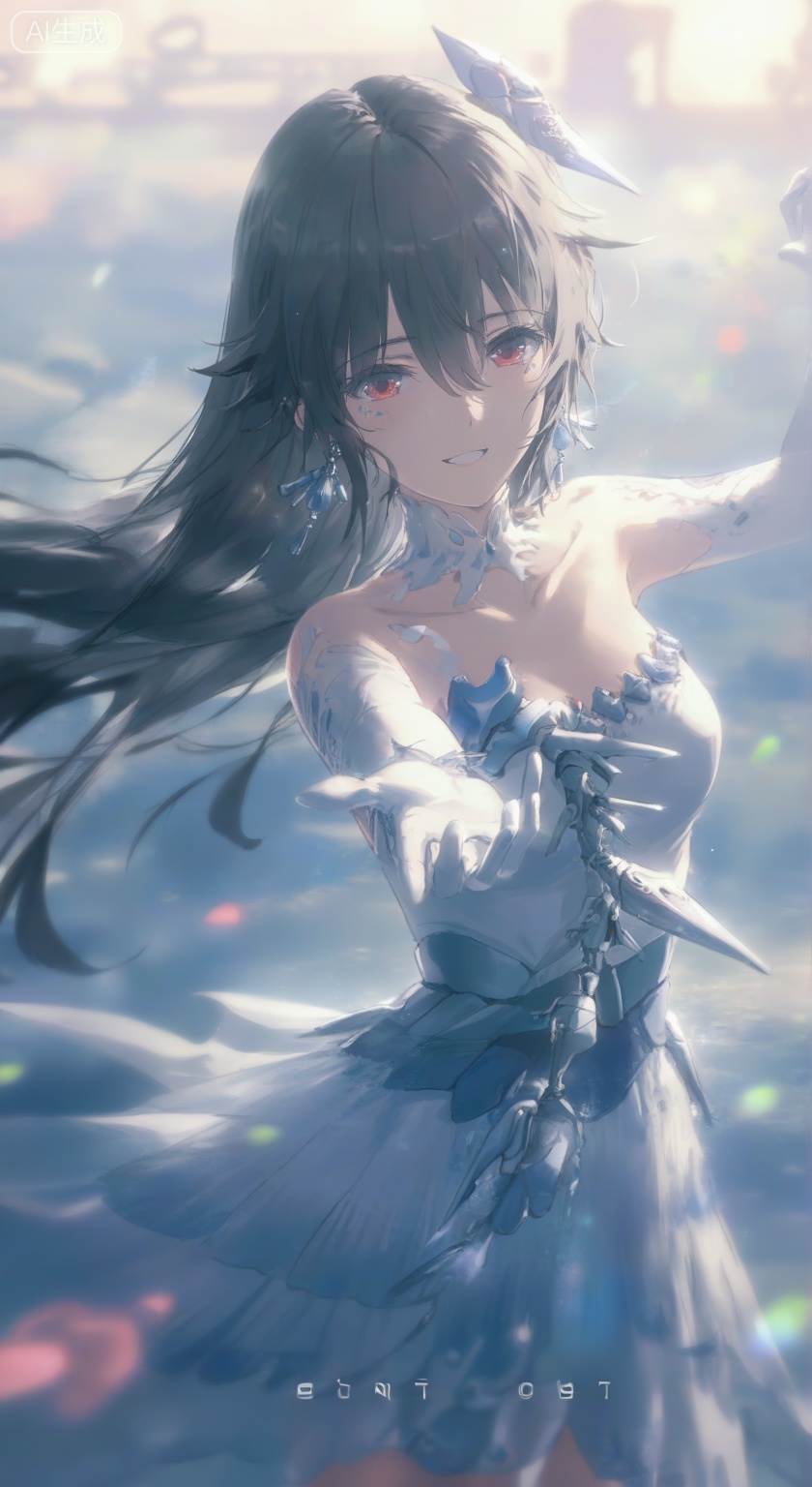 lucia(PGR),1girl, solo, long hair, breasts, bangs, black hair, hair ornament, red eyes, dress, hair between eyes, bare shoulders, jewelry, collarbone, earrings, white gloves, white dress, reaching out,gentle smile,
backlighting,depth of field,cinematic lighting,light particles,lens flare, extreme aesthetic,(wlop:0.4),masterpiece,best quality,good quality,newest,very aesthetic,absurdres,A shot with tension, 32K UHD,sharp focus,best-quality,masterpiece,Emotionalization,temperate atmosphere,with a high-end texture,in the style of fashion photography, (Visual impact:1.2),impactful picture,offcial art,colorful,movie perspective, masterpiece