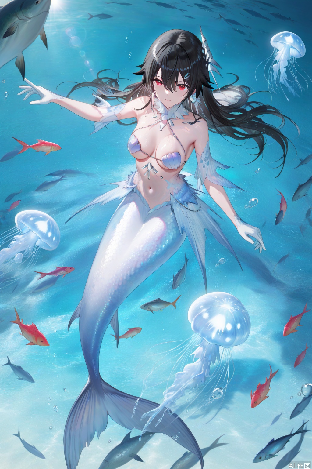 masterpiece,best quality,((artist:reoen),(artist:fuzichoco),(artist:atdan),(artist:torino_aqua:0.5),year 2024:0.5),(artist:omone_hokoma_agm:0.8),

2d, anime,( mermaid, fish tail, rolled-up fish tail,monster girl:1.2), siren, scales,floating,seabed,soaked,drifting in the sea,Surrounded by schools of fish,(Corals, seagrass,seabed,air bubble,Glowing jellyfish:1.1),detailed background,


lucia(PGR),1girl, solo, long hair, medium breasts, bangs, black hair, hair ornament, red eyes, micro shell bikini, hair between eyes, bare shoulders, jewelry, earrings, white gloves,soft gentle eyes,gentle expression,light smile,lens flare,from above,overlook